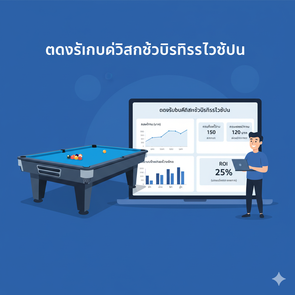 ภาพแบ่งสองส่วน: ด้านซ้ายคือโต๊ะพูลสมัยใหม่พร้อมช่องใส่เหรียญแบบดิจิทัล และด้านขวาคือหน้าจอแท็บเล็ตที่แสดงแดชบอร์ดทางธุรกิจที่มีกราฟและข้อมูลสำคัญ เช่น รายได้รายวันและสถิติการเล่น เพื่อแสดงให้เห็นถึงประโยชน์ของ Data Analytics ในการบริหารธุรกิจ