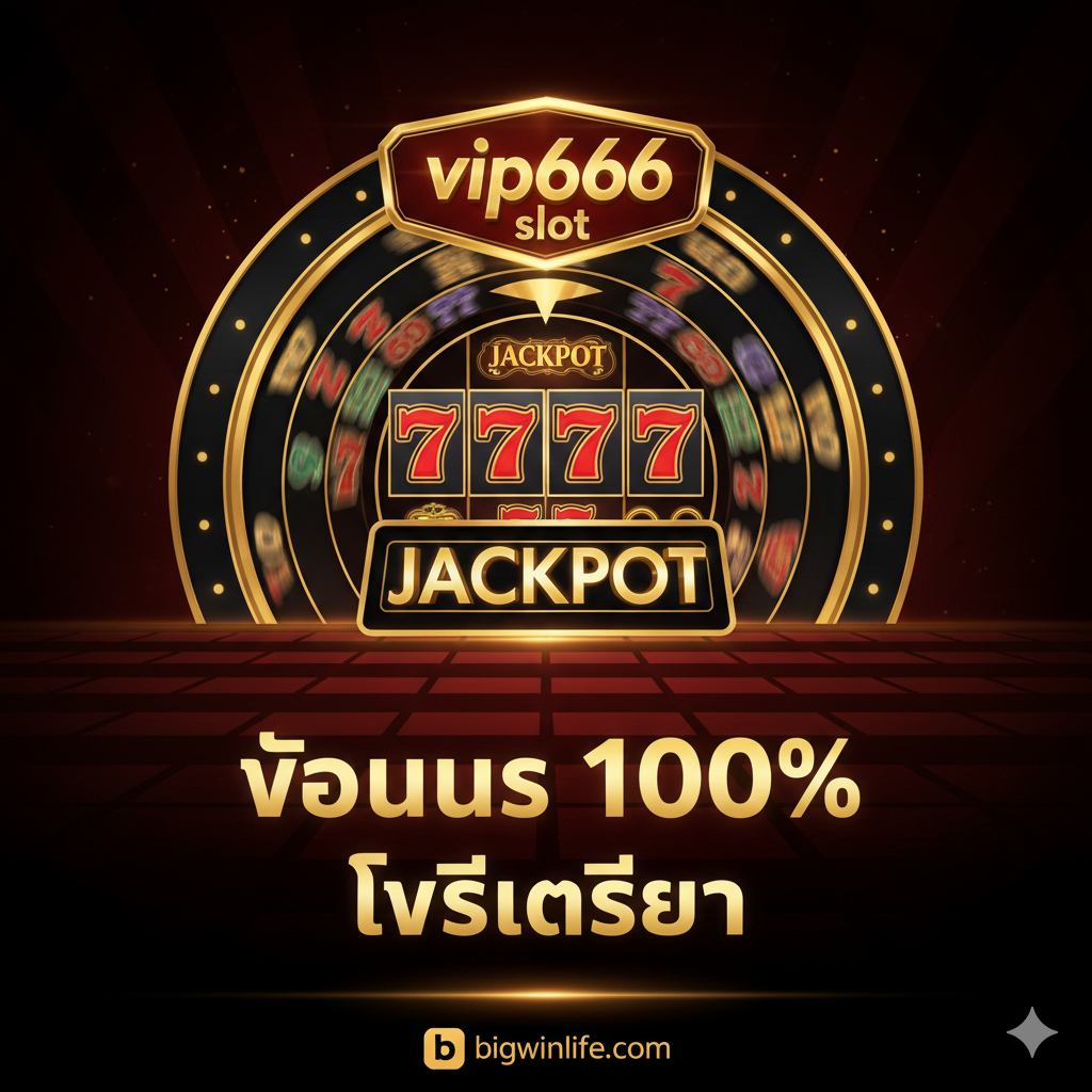 ภาพควรเป็น high-quality eye-catching digital casino style with gold, black, and deep red tones. The main elements are the sparkling 'vip666 slot' logo in the center. In the background, there is a large spinning slot machine wheel with '777' or 'JACKPOT' symbols about to land. There are prominent floating messages '100% Bonus' and 'Free Credit' along with a small but clear 'bigwinlife.com' logo in one corner. The symmetrical arrangement emphasizes grandeur and welcoming new members.