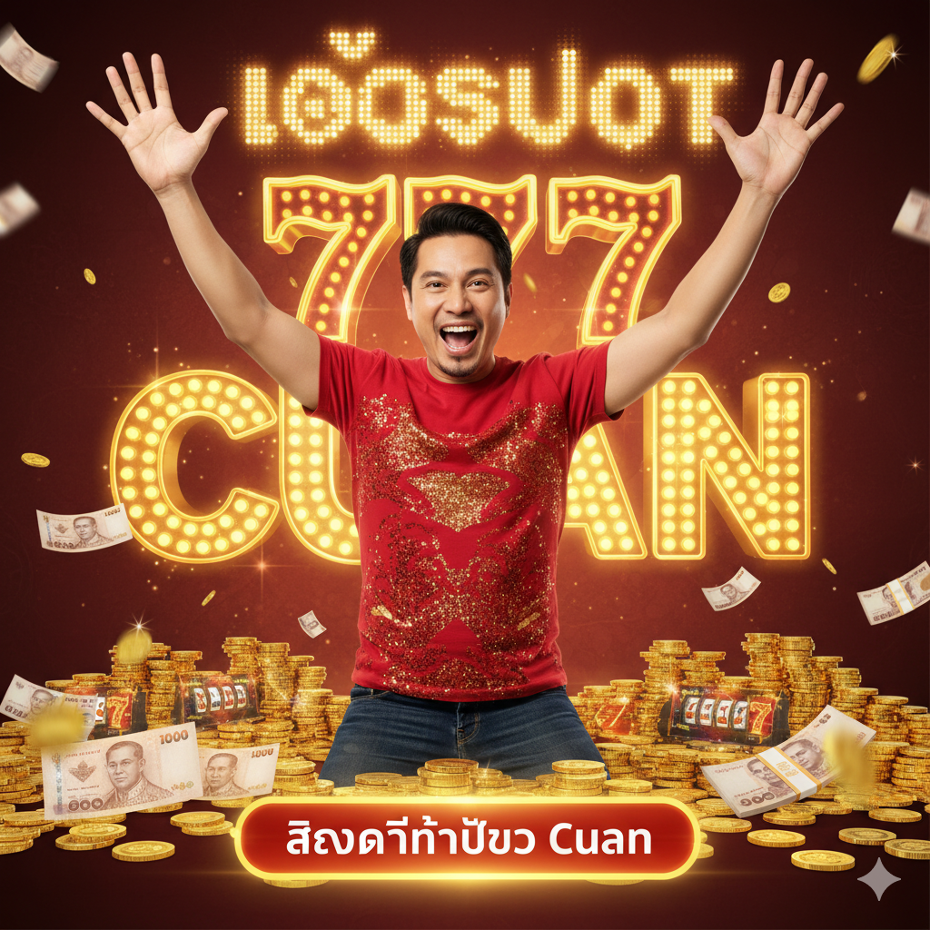 ภาพแสดงผู้เล่นกำลังเฉลิมฉลองชัยชนะครั้งใหญ่ ('Cuan') โดยมีเงินไทยกองอยู่และพื้นหลังเป็นคำว่า 'JACKPOT' ที่ส่องแสง พร้อมองค์ประกอบของปุ่ม 'สมัครสมาชิกเลย' เพื่อกระตุ้นให้ผู้ใช้ดำเนินการทันที