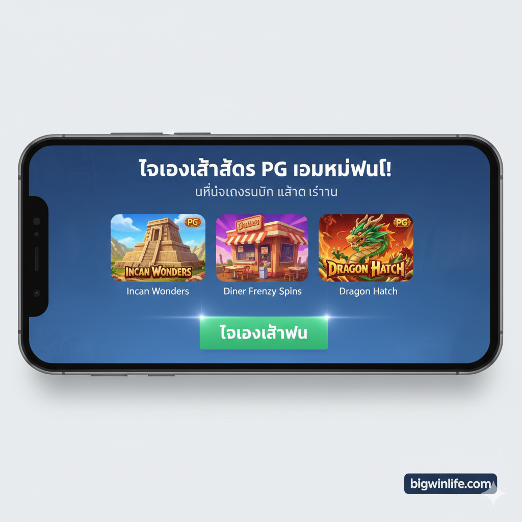 ภาพจำลองหน้าจอมือถือที่มีปุ่ม 'ทดลองเล่นฟรี' และไอคอนเกมใหม่ PG เน้นการใช้งานแบบ Mobile-First และความสะดวกในการเข้าถึงโหมด Demo