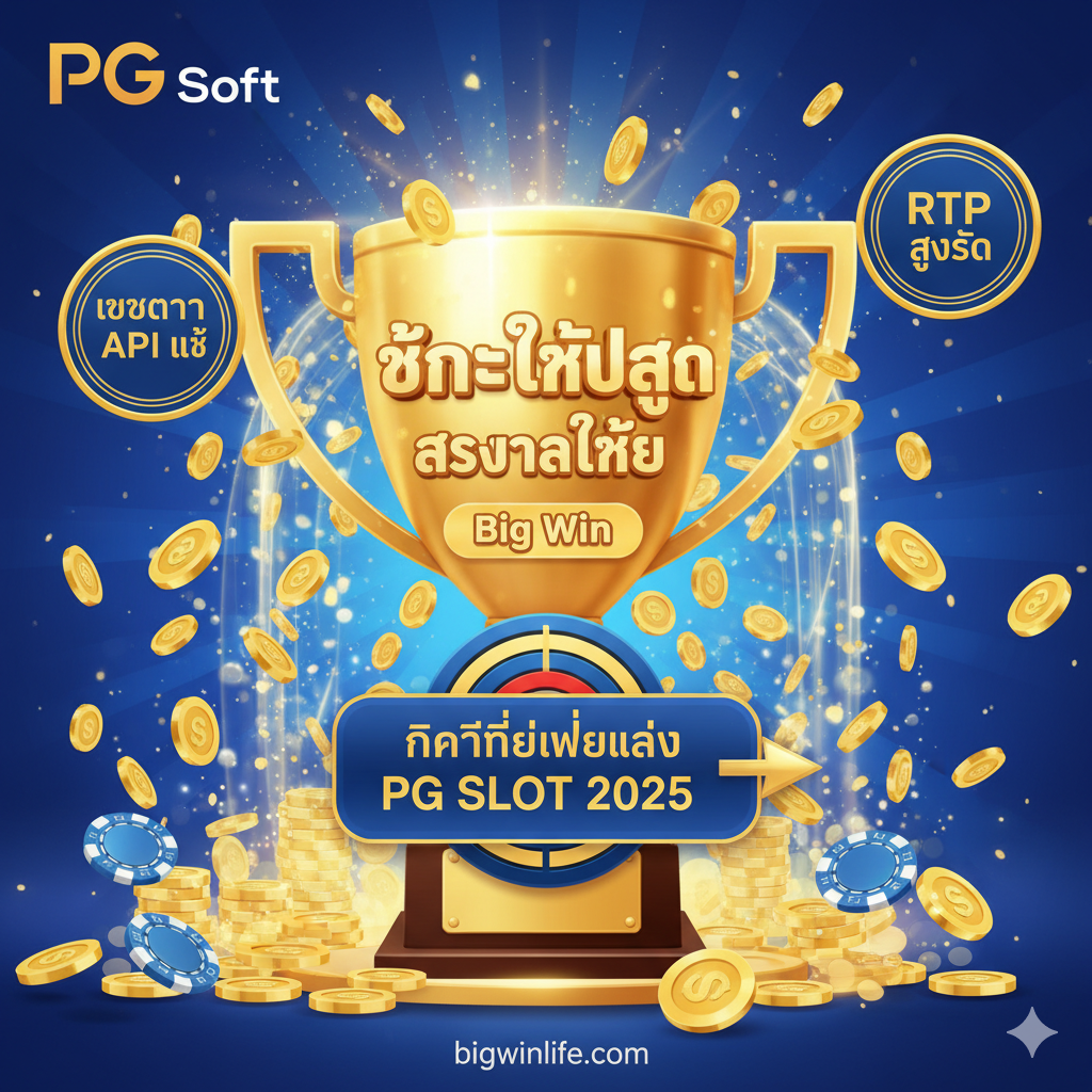 สรุปและ Call to Action แสดงถ้วยรางวัล Max Win และปุ่มคลิกที่นี่เพื่อเล่น PG SLOT 2025 พร้อมพื้นหลังสีทองและสีน้ำเงิน