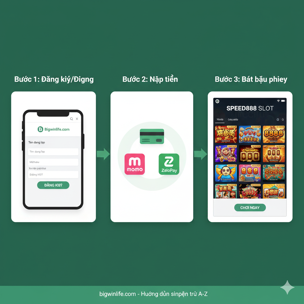 Ba bước hướng dẫn đơn giản: Đăng ký Bigwinlife, Nạp tiền nhanh và Chơi Speed888 Slot.