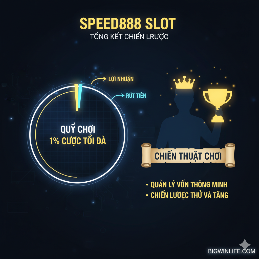 Bảng tổng hợp các chiến thuật chơi Speed888 Slot, nhấn mạnh nguyên tắc quản lý vốn 1% và chiến lược Thử và Tăng.