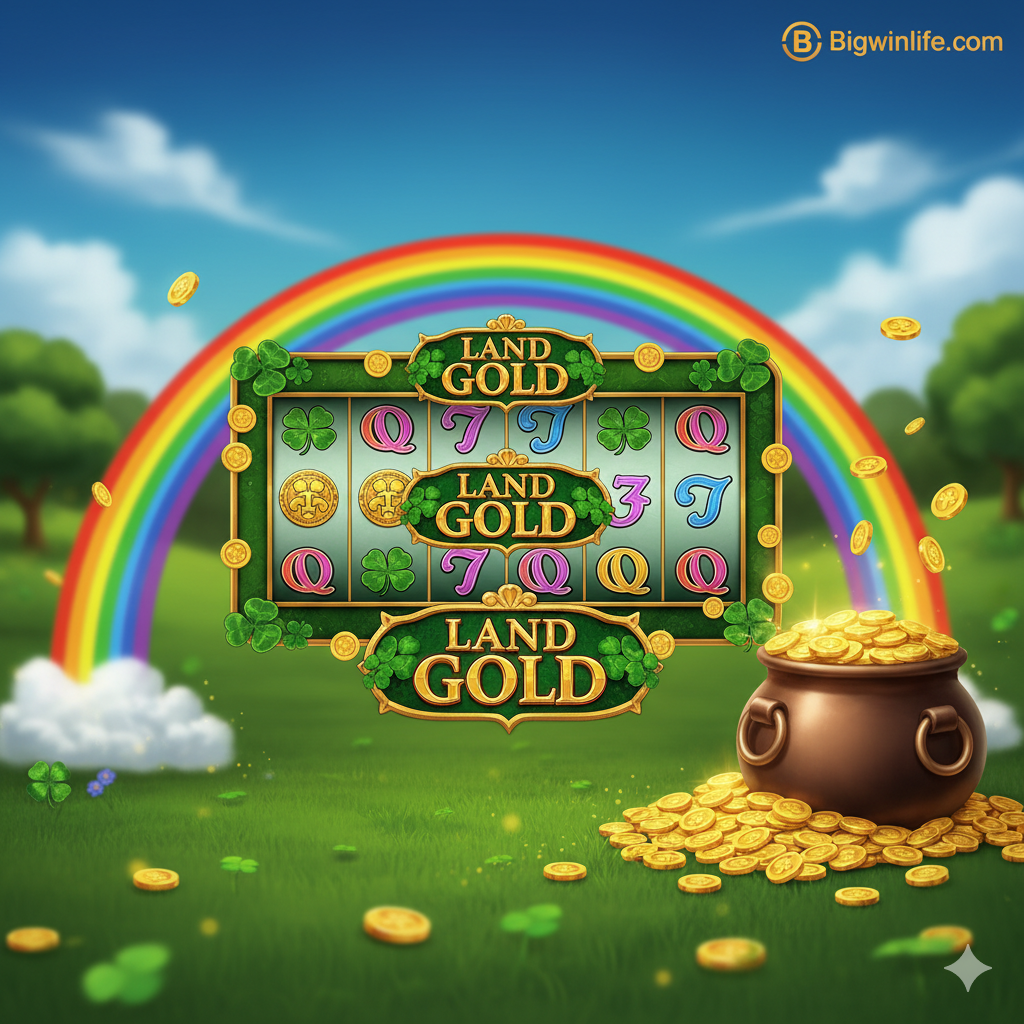 ภาพหน้าปกสล็อต Land of Gold สไตล์แฟนตาซีโทนสีเขียวทองอร่าม โดยมีสายรุ้งโค้งลงสู่หม้อทองคำขนาดใหญ่ที่ปลายทาง องค์ประกอบหลักคือวงล้อสล็อต Land of Gold ที่หมุนอยู่ตรงกลางอย่างชัดเจน ล้อมรอบด้วยสัญลักษณ์เด่นๆ เช่น เลเปรอคอน (Leprechaun), เหรียญทองคำ, และใบโคลเวอร์สี่แฉก (Four-leaf clover) เน้นความคมชัดแบบ PNG/HD เพื่อสื่อถึงคุณภาพกราฟิกที่กล่าวถึงในบทความ มีโลโก้ 'Bigwinlife.com' ขนาดเล็กแต่ชัดเจนวางอยู่ในมุมที่เหมาะสมเพื่อสร้างการจดจำแบรนด์