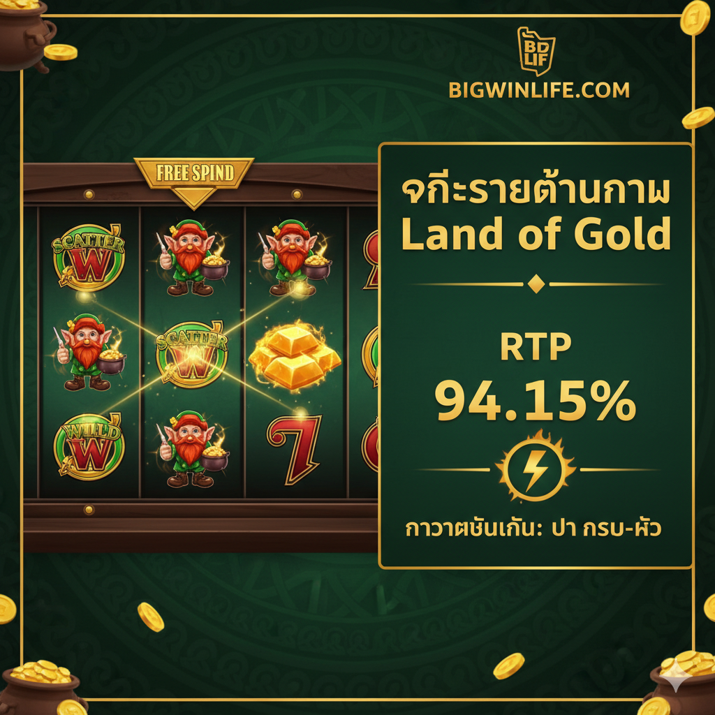 ภาพเน้นฟีเจอร์เด่นของเกม Land of Gold Slot เช่น Free Spins และ Bonus Game ใช้กราฟิกแบบ Infographic ครึ่งซ้ายแสดงวงล้อสล็อตที่มีสัญลักษณ์ Scatter และ Wild ปรากฏอยู่เพื่อกระตุ้นโบนัส ครึ่งขวาเป็นแผงข้อมูลที่แสดงค่า RTP (Return to Player) และ Volatility (ความผันผวน) เป็นตัวเลขขนาดใหญ่ เน้นสีทองและเขียวเพื่อสื่อถึงความมั่งคั่งและธีมไอริช มีไอคอน 'Lightning Bolt' เพื่อสื่อถึงความตื่นเต้นของฟีเจอร์