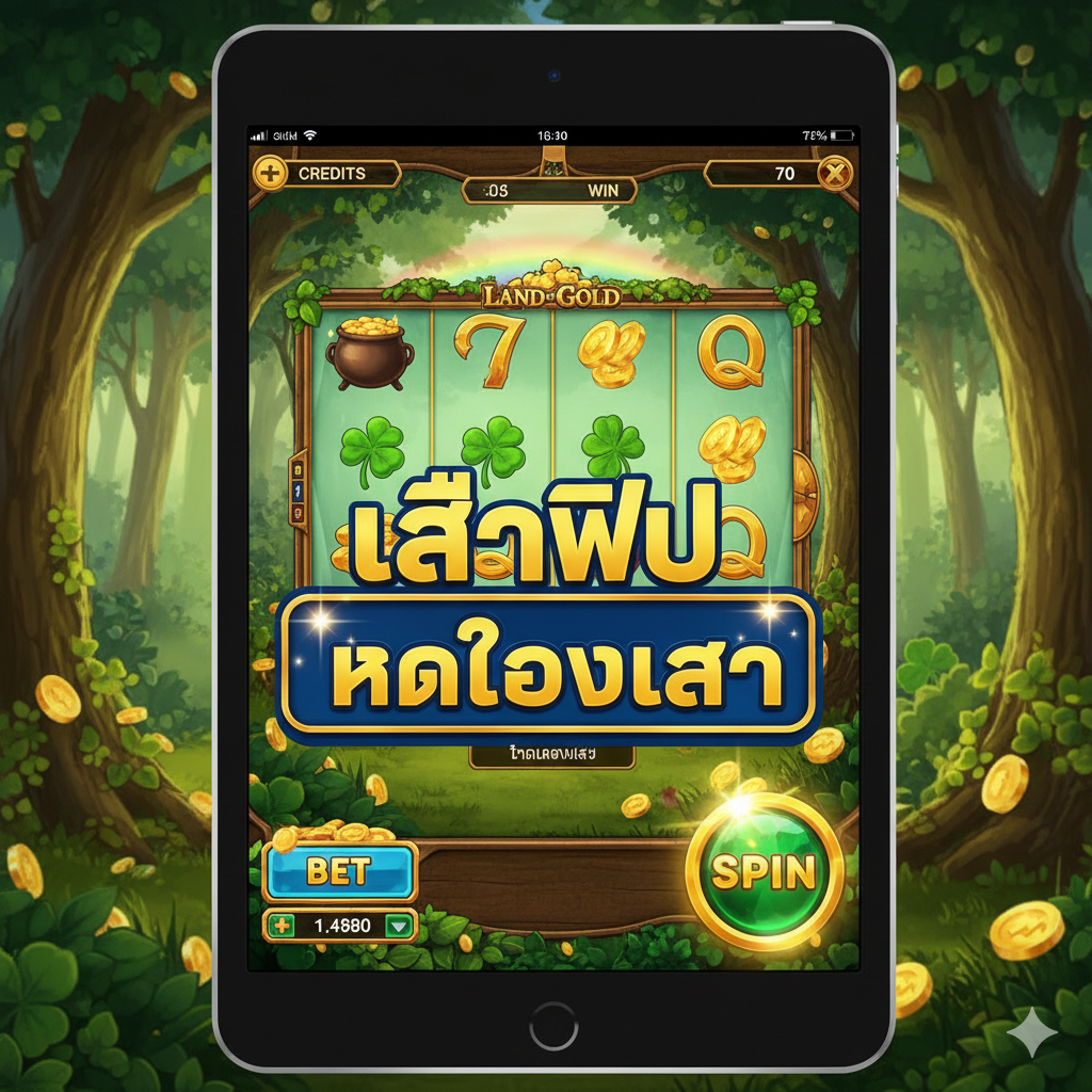 ภาพสำหรับส่วนทดลองเล่น/คู่มือการเล่น แสดงหน้าจอเกมสล็อต Land of Gold ในมุมมองบุคคลที่หนึ่ง บนหน้าจออุปกรณ์มือถือหรือแท็บเล็ตที่มีปุ่ม 'SPIN' และ 'BET' สว่างเด่นชัด มีการซ้อนทับภาพกราฟิก 'เล่นฟรี' หรือ 'DEMO PLAY' เป็นตัวอักษรภาษาไทยขนาดใหญ่ เน้นความเข้ากันได้กับมือถือเพื่อแสดงถึงความสะดวกในการเข้าถึงผ่าน Bigwinlife