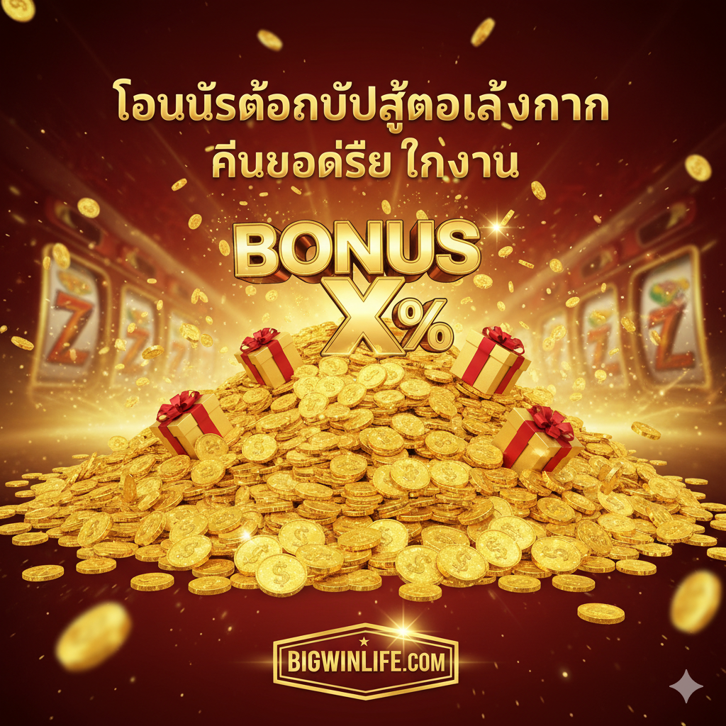 ภาพเน้นข้อเสนอสุดพิเศษจาก Bigwinlife.com โดยเน้นธีมโบนัสและโปรโมชั่น ใช้สีแดง/ทองเป็นหลัก สื่อถึงการแจกรางวัล ตรงกลางเป็นกองเหรียญทองคำที่ท่วมท้น มีกล่องของขวัญ หรือโลโก้ 'BONUS X%' โผล่ขึ้นมาจากกองทองคำ พร้อมข้อความภาษาไทย 'โบนัสต้อนรับสุดอลังการ' โดยมีโลโก้ Bigwinlife.com เป็นจุดศูนย์กลางของข้อเสนอ