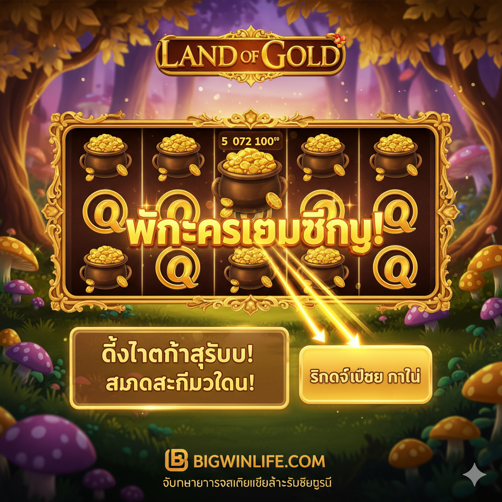 ภาพสรุปและกระตุ้นการตัดสินใจ เป็นภาพที่ให้ความรู้สึกว่าถึงเวลาลงมือทำ เน้นฉาก 'ชัยชนะ' ของเกม Land of Gold ที่มีแสงสว่างจ้าและข้อความ 'BIG WIN' อย่างชัดเจน วงล้อหยุดนิ่งที่สัญลักษณ์การจ่ายเงินสูงสุด พร้อมกรอบข้อความโปร่งแสงที่กระตุ้นให้ 'สมัครสมาชิกวันนี้!' มีลูกศรหรือเส้นทางสีทองพุ่งไปที่ปุ่ม CTA เสมือน เพื่อเป็นจุดจบของการเดินทางล่าขุมทรัพย์ที่ Bigwinlife.com