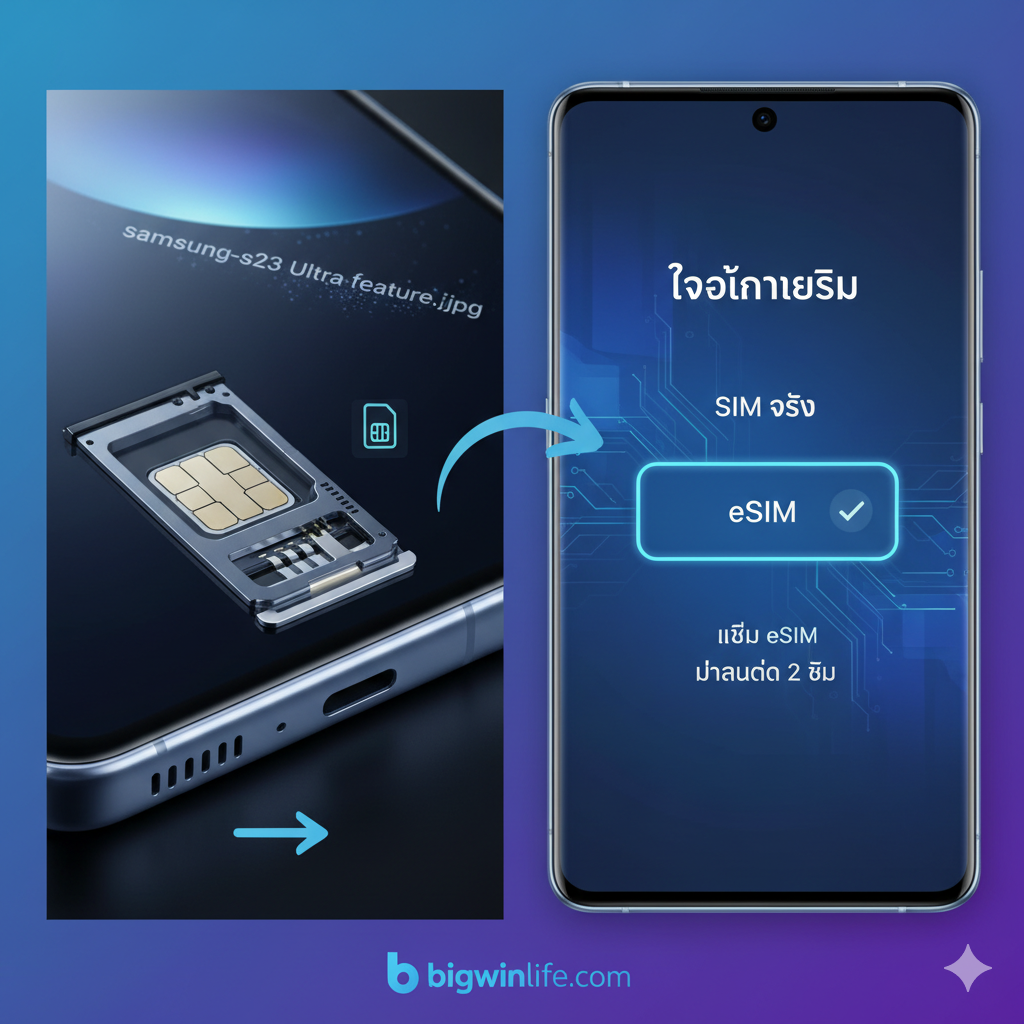 ภาพฟีเจอร์ Dual SIM แสดง Physical SIM และการตั้งค่า eSIM ในตัวจัดการซิม