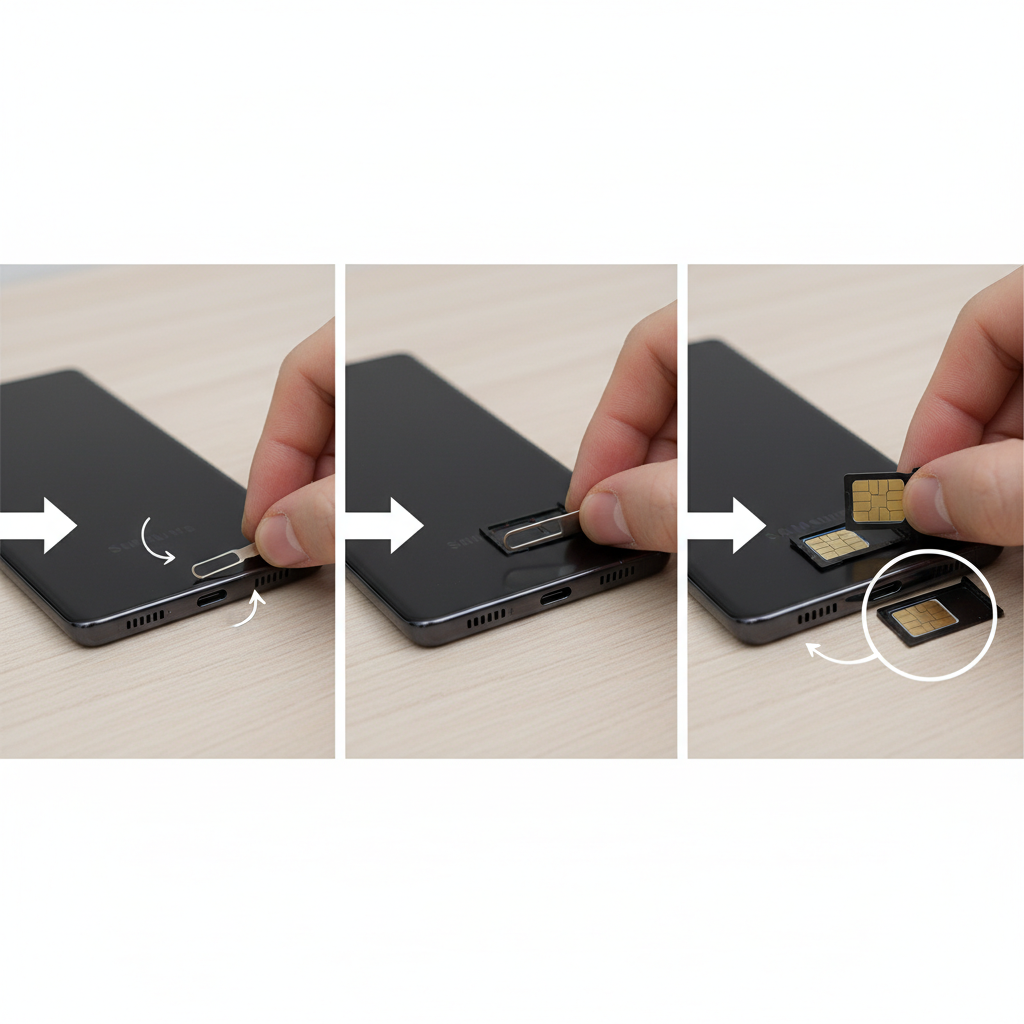 ภาพการติดตั้งซิม: แสดงขั้นตอนการใช้เข็มจิ้ม, การนำถาดซิมออก, และการวาง Nano-SIM อย่างถูกต้อง