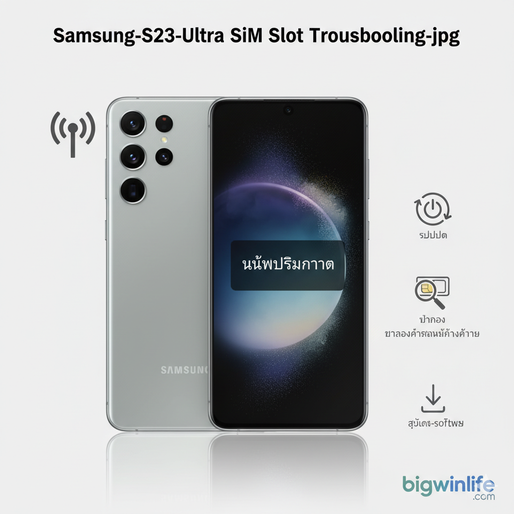 ภาพสรุปและแก้ไขปัญหา แสดงไอคอนปัญหา SIM ไม่พบและการแก้ไขเบื้องต้น (รีบูต, ตรวจสอบ, อัปเดต)