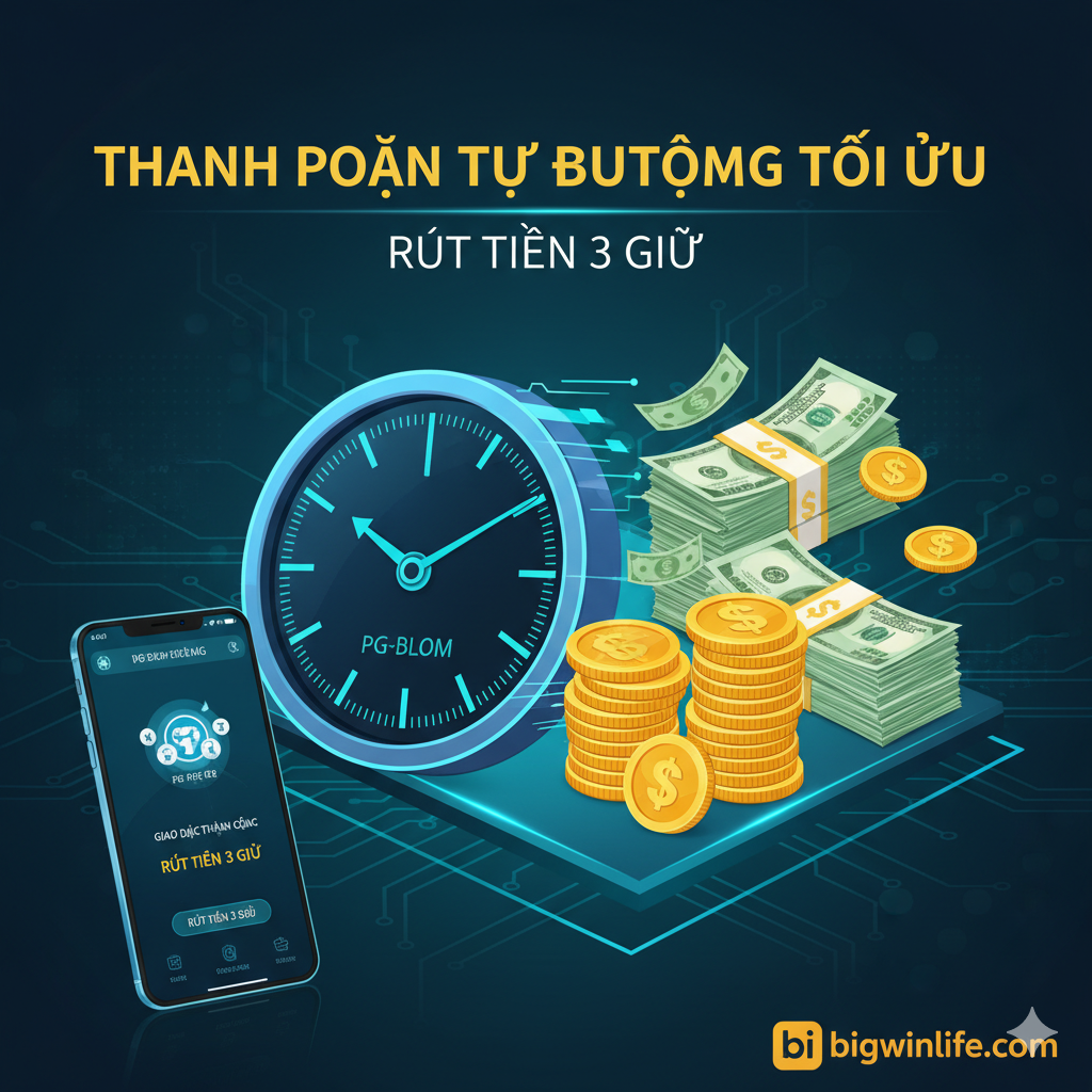 图片突出“Thanh Toán Tự Động Tối Ưu (ฝากถอน ออโต้)”功能。画面应以一个高速运转的时钟或计时器为中心,旁边是一叠正在迅速增加的金币或钞票(越南盾或通用金币)。使用科技感强的蓝色和绿色调,象征高效和安全。左侧或下方应有一个虚拟的手机界面,显示“Giao Dịch Thành Công”或“Rút Tiền 3 Giây”的提示信息。整体视觉强调“Tự Động”, “Nhanh chóng”和“3 giây”的速度与效率,背景可加入电路板的纹理,增强科技感。