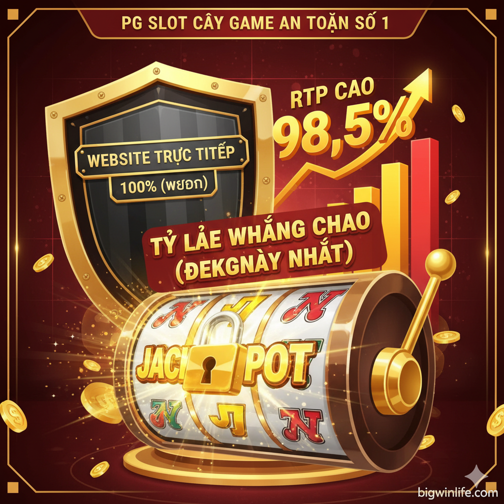 图片突出“Tỷ lệ thắng cao (แตกง่าย nhất)”和“Website Trực Tiếp 100% (เว็บตรง)”的优势。核心视觉是一个巨大的老虎机转轴,其中一个象征“Jackpot”的图案被锁定在支付线上,放射出耀眼的光芒。背景应对比一个稳固的盾牌或锁头,代表“An Toàn Tuyệt Đối”和“Web Trực Tiếp”,旁边可以有一个不断向上攀 lên 的百分比数字 hoặc 图表(代表高RTP)。整体风格应是胜利 và 信任的象征,使用金色、红色 và 黑色,营造出权威 và 高收益的氛围。