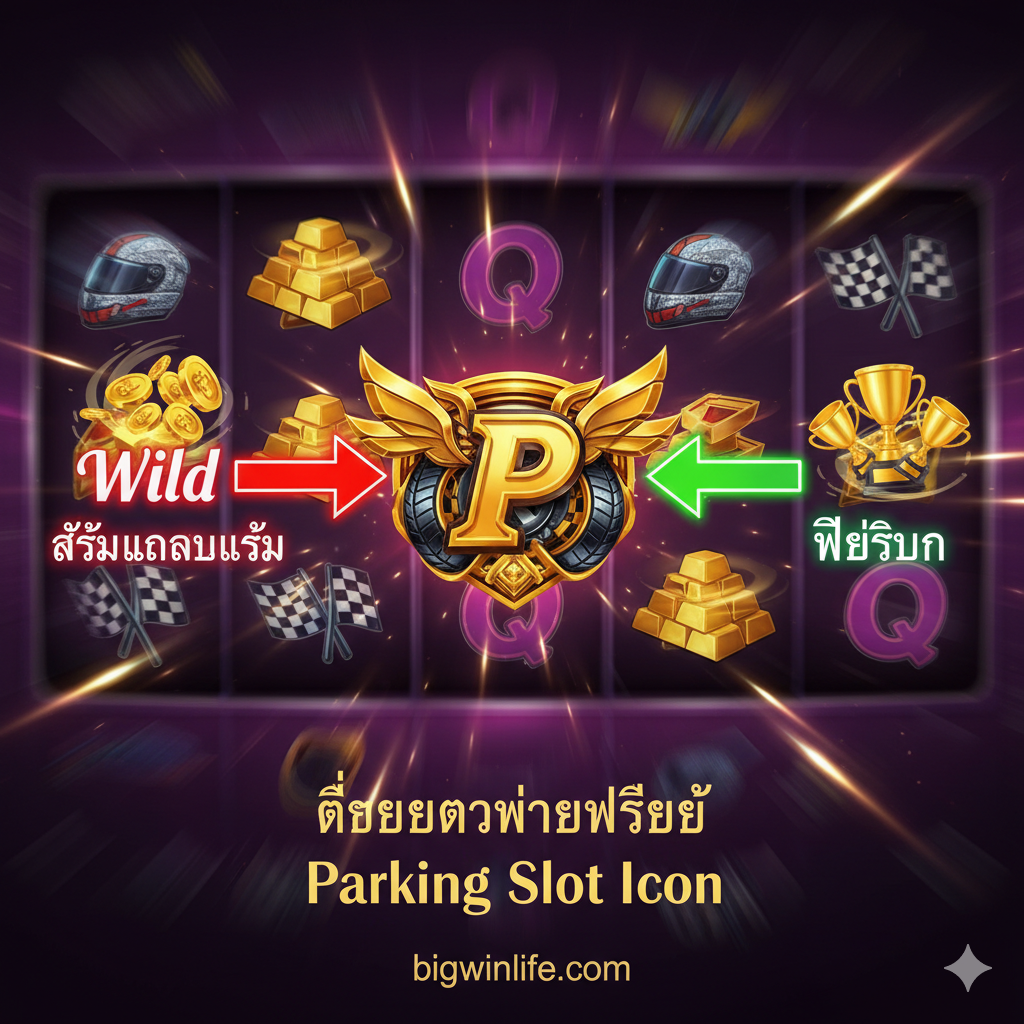 一张图解“Parking Slot Icon”功能的图片。图的中央展示一个华丽ของ“P”图标(หรือ相关的赛车主题图标),并用箭头和文字标签(ใน泰语中是 Wild และ Scatter)指向图标周围。背景应是旋转的老虎机卷轴,卷轴上可以看到各种高มูลค่าสัญลักษณ์。整体色彩使用明亮对比色(如红、金、绿),清晰地解释该图标如何替代สัญลักษณ์ทั่วไป (Wild) และเปิดใช้งานฟรีสปิน (Scatter)。