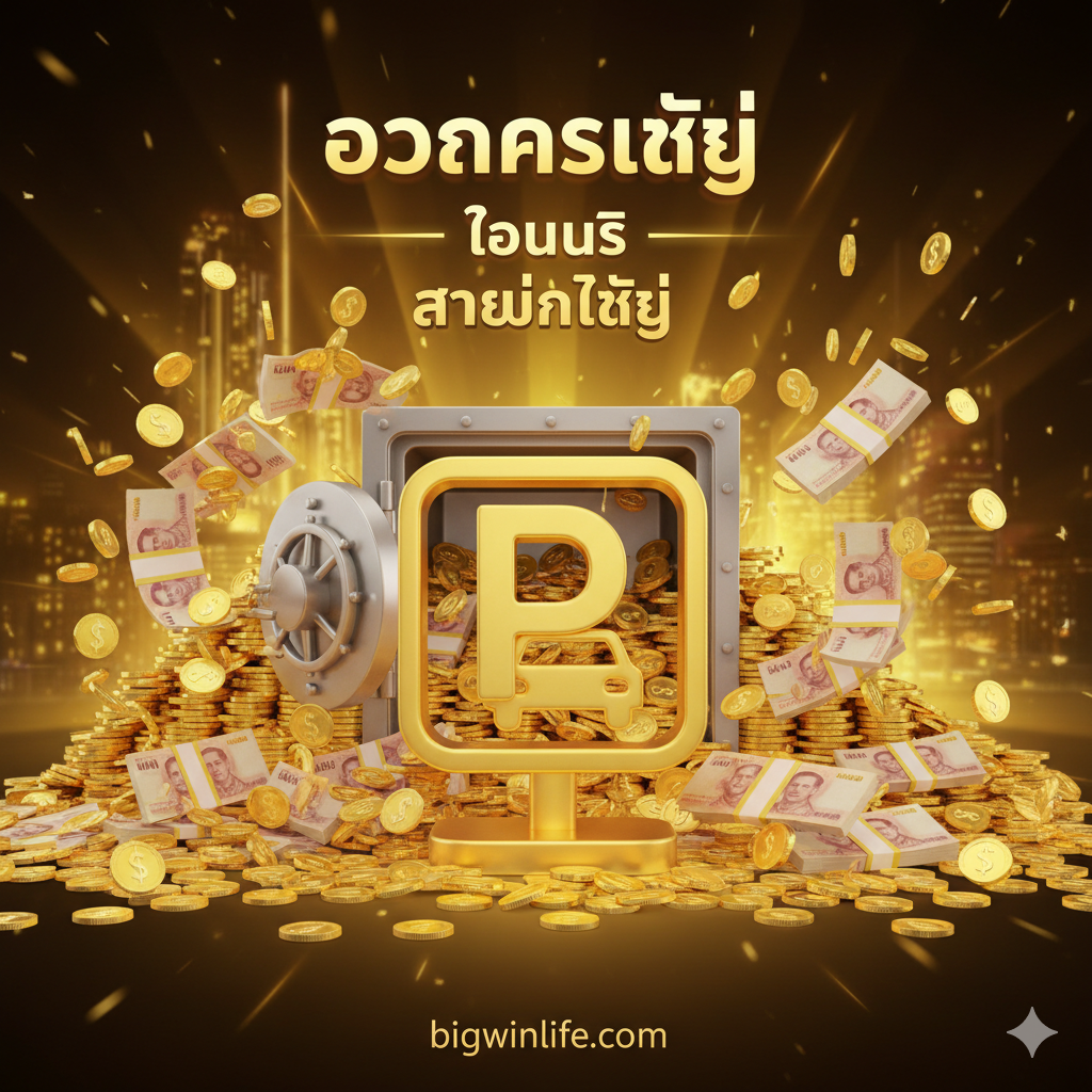 一张突出优势的图片,强调该图标带来的高回报。画面应是一个巨大的钱堆หรือ金库,ใน前景有一个醒目的“Parking Slot Icon” 充当钥匙หรือ开关。周围有流动的金币และ泰铢纸币。风格是3D渲染,色彩主打金色和黄色,暗示财富และโอกาส Big Win。构图应将图标置于焦点,使人联想到它กับJackpot的直接关联。