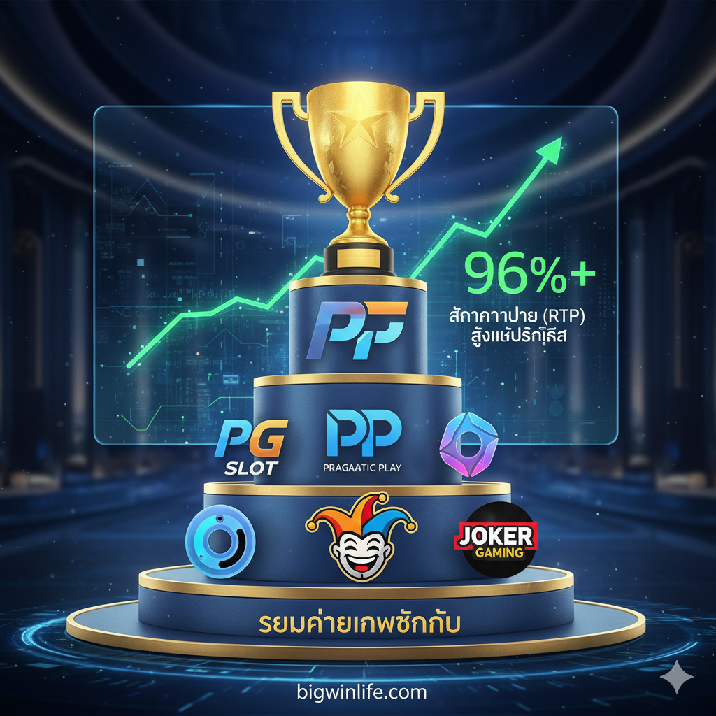 แสดงโลโก้ PG Slot, Pragmatic Play, และ Joker Gaming ในลักษณะการจัดอันดับ พร้อมตัวเลข RTP สูงที่แสดงถึงอัตราการจ่ายที่โปร่งใสและสูงกว่า 96%