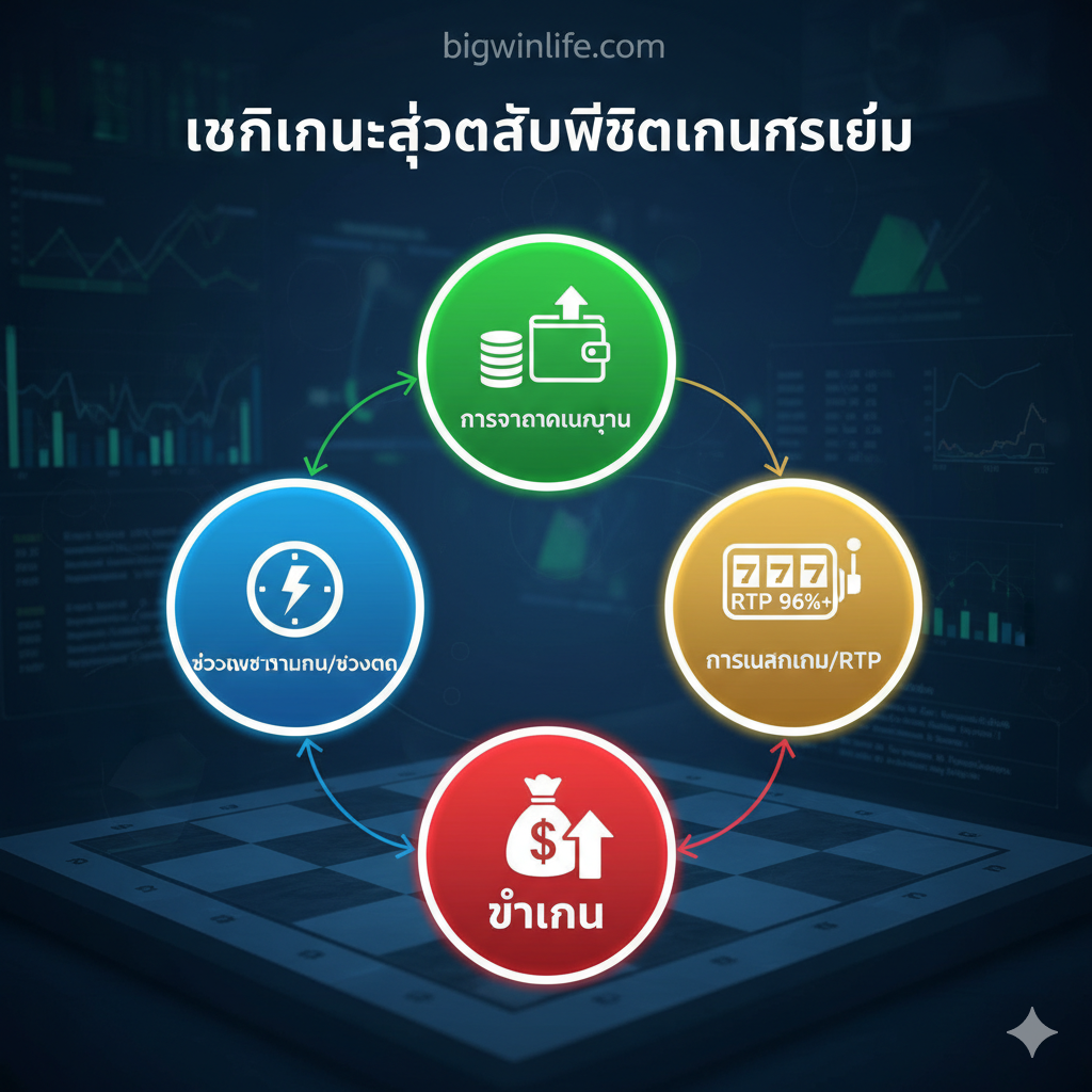 สรุปสามเทคนิคการเล่น Slot Live ได้แก่ การจัดการเงินทุน (กระเป๋าสตางค์), ช่วงเวลาทำเงิน (นาฬิกา), และการเลือกเกม/RTP (ตัวเลขเปอร์เซ็นต์สูง) เชื่อมโยงเป็นแผนผังกลยุทธ์