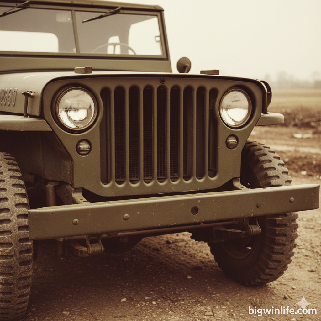Ảnh bìa mang tính lịch sử, tập trung vào phần đầu xe của chiếc Willys MB hoặc Ford GPW cổ điển thời Thế chiến II. Chi tiết nổi bật là lưới tản nhiệt 9 khe dập thép thẳng đứng với hai đèn pha tròn lớn. Bối cảnh là một con đường đất hoặc chiến trường cũ kỹ, có màu sắc nâu, xanh ô-liu và tông màu cổ điển (vintage/sepia) để tạo cảm giác di sản và hào hùng. Góc chụp cận cảnh từ phía trước hơi thấp, nhấn mạnh sự chắc chắn, thô ráp và thiết kế cơ năng của chiếc xe. Logo 'bigwinlife.com' nhỏ gọn, chuyên nghiệp ở góc dưới.