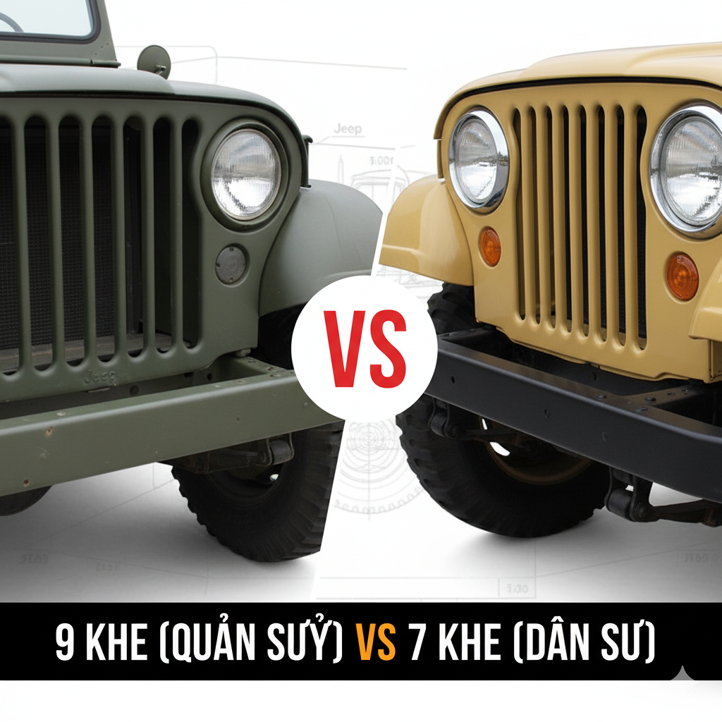 Hình ảnh so sánh trực quan và rõ ràng giữa lưới tản nhiệt 9 khe và 7 khe. Bên trái là hình ảnh cận cảnh một chiếc lưới tản nhiệt 9 khe (Willys MB) với các thanh dọc thô ráp, và bên phải là một chiếc 7 khe (Jeep CJ-2A hoặc Wrangler đời đầu) với thiết kế thanh cong hơn. Sử dụng một mũi tên hoặc dấu 'VS' lớn ở giữa để phân biệt. Màu sắc tương phản (ví dụ: 9 khe màu xanh quân đội, 7 khe màu vàng/đỏ dân sự) và chú thích bằng tiếng Việt '9 Khe (Quân sự) VS 7 Khe (Dân sự)' ở phía dưới. Hình ảnh có tính phân tích, bố cục chia đôi rõ ràng.