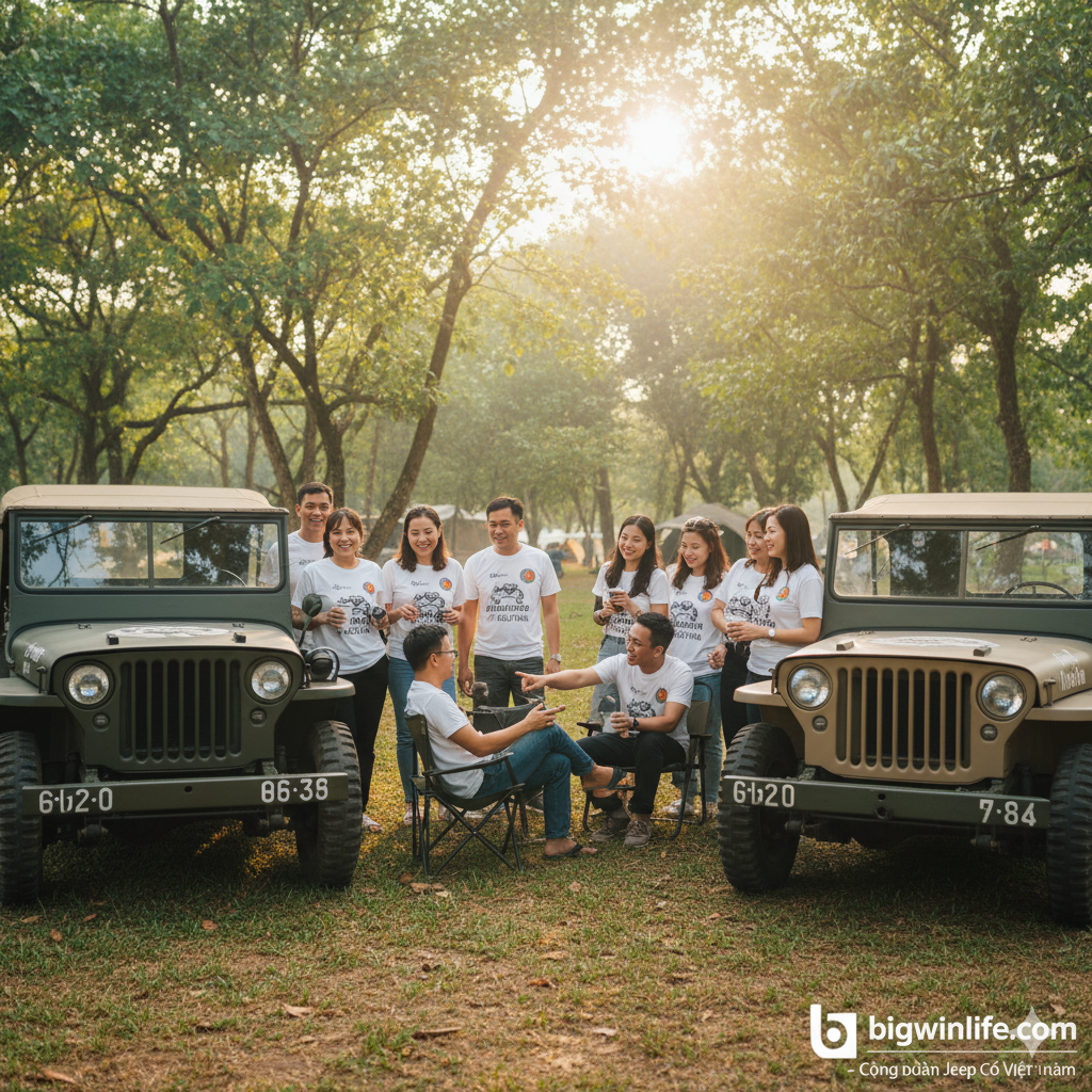 Hình ảnh mang tính cộng đồng và tổng kết. Một nhóm những người đam mê xe Jeep cổ điển tại Việt Nam, đứng xung quanh một hoặc hai chiếc Willys MB (có lưới tản nhiệt 9 khe) đã được phục chế hoàn hảo. Bối cảnh là một buổi gặp mặt ngoài trời, có cây xanh, ánh nắng nhẹ. Mọi người đang trao đổi, cười nói vui vẻ. Phong cách thân thiện, gần gũi và thể hiện tinh thần cộng đồng người chơi xe cổ Việt Nam. Tông màu ấm áp, thể hiện sự kết nối và di sản xe Jeep ở địa phương.
