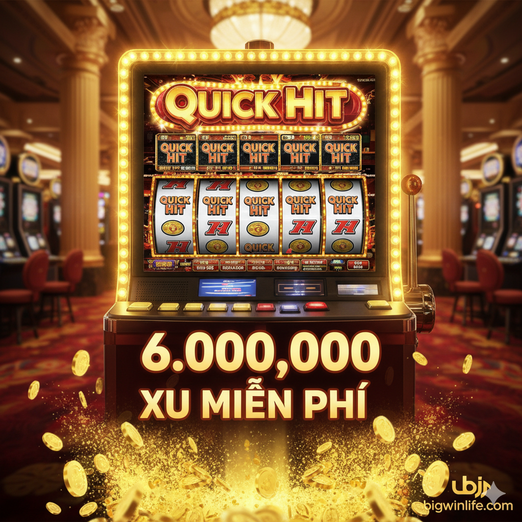 一张醒目且充满活力且主题为“免费 Quick Hit 老虎机”的封面图。主要视觉元素是 Quick Hit 老虎机屏幕的特写，屏幕上显示着多个“Quick Hit”标志，以及一个巨大的“FREE COINS”或“6,000,000 FREE COINS”字样，并搭配老虎机游戏常见的闪烁灯光和金币散落效果。
