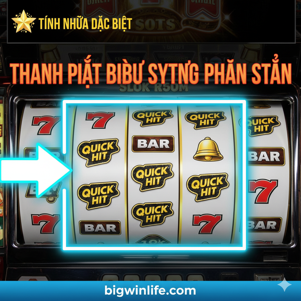 功能图片，聚焦 Quick Hit Slots 的核心功能：“Quick Hit Scatter Pay”机制。图片主体应是老虎机界面的一小部分，清晰展示多个 Quick Hit 标志散布在不同转轴上，并用一个醒目的箭头或高亮框强调这些标志，暗示其无论位置如何都能带来奖励。同时，配上一个小图标或文字说明“Scatter Pay”和“Tính năng Quick Hit”。