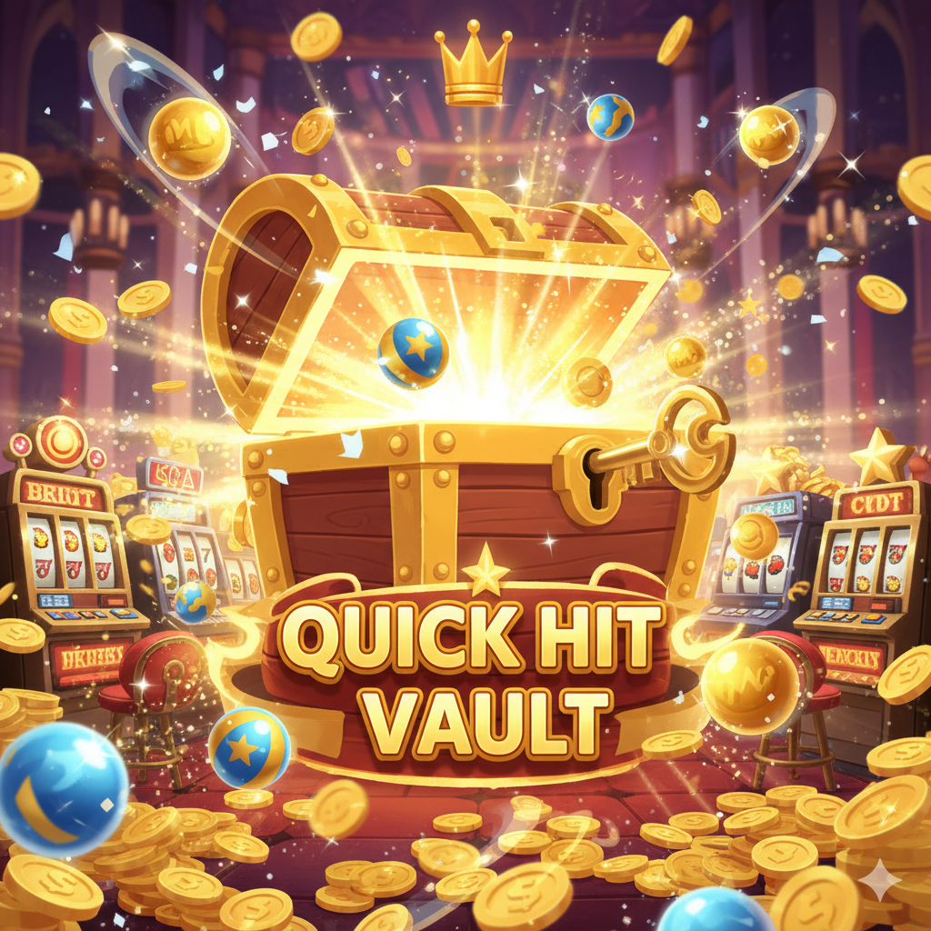 优势图片，突出游戏内独特的奖励机制，如“WildBalls”和“Quick Hit Vault”。图片应展示一个宝箱被一把钥匙打开的场景，以及多个闪耀的“Wild Ball”漂浮在周围。