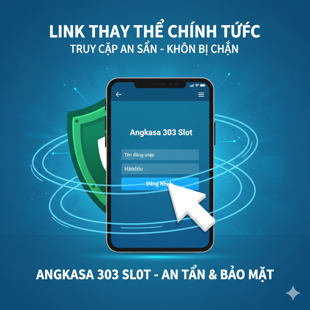 thiết kế một hình ảnh làm nổi bật 'Link Alternatif' và 'An Toàn', được sử dụng trong phần 'Link Đăng Nhập' của bài viết. Hình ảnh nên hiển thị một màn hình điện thoại hoặc máy tính, trên đó là giao diện đăng nhập của Angkasa 303 Slot, nhưng phía sau là biểu tượng lá chắn hoặc ổ khóa màu xanh lá cây, tượng trưng cho sự an toàn và chống chặn. Sử dụng mũi tên nổi bật chỉ vào nút 'Login/Đăng Nhập', nhấn mạnh sự tiện lợi của thao tác. Sử dụng tông màu xanh-lam chủ đạo, kết hợp với chữ trắng, tạo cảm giác ổn định, đáng tin cậy. Các yếu tố hình ảnh bao gồm một đường hầm VPN hoặc một đường kết nối không bị cản trở, ngụ ý giải quyết vấn đề 'bị chặn' (bị cấm).