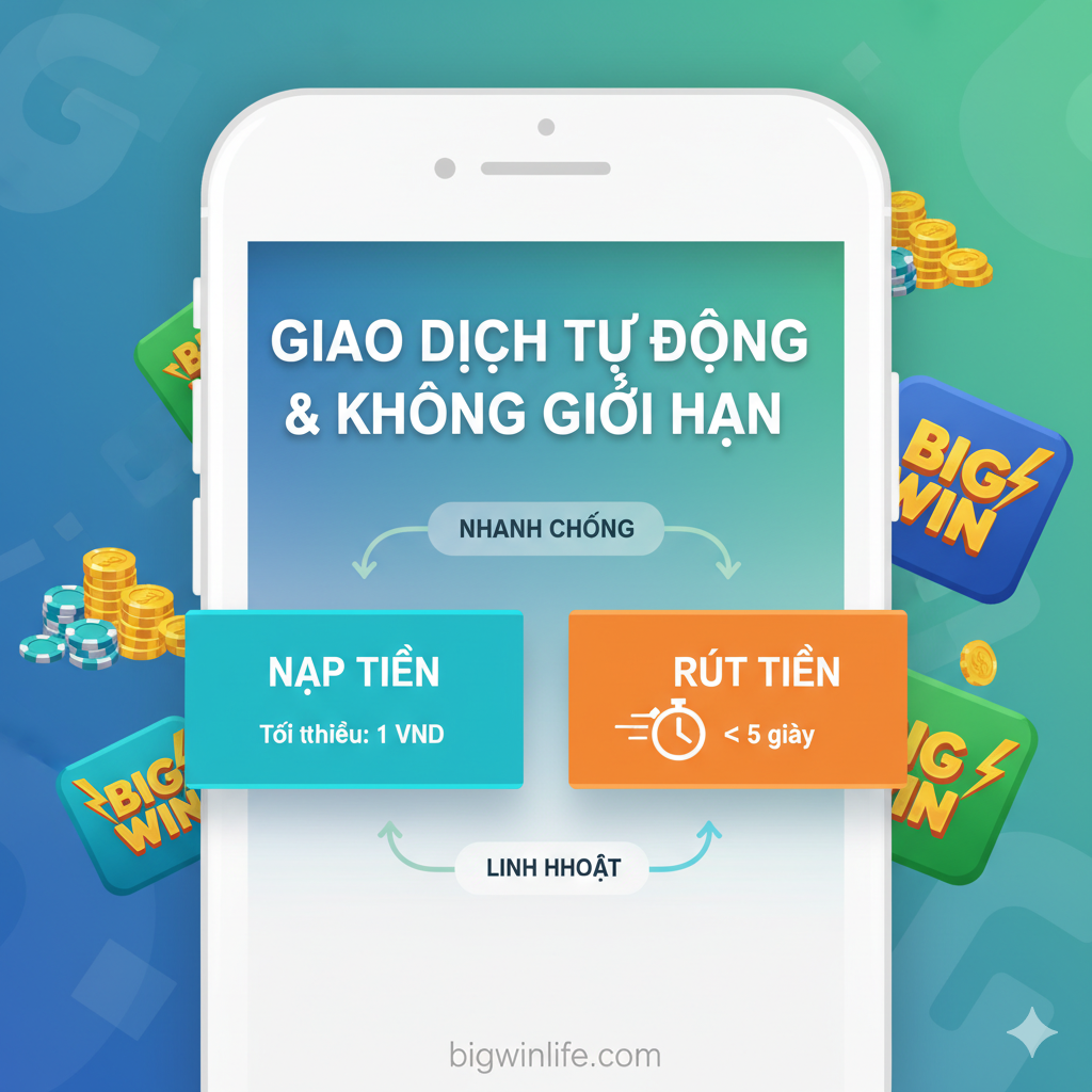 Hình ảnh minh họa công nghệ 'pg slot auto ฝากถอน ไม่มี ขั้น ต่ํา'. Bố cục gồm một màn hình điện thoại di động hiển thị giao diện nạp/rút tiền của Bigwinlife. Một mũi tên lớn, màu xanh lá cây sáng, tượng trưng cho tốc độ, kết nối tài khoản ngân hàng/ví điện tử với giao diện game. Bên cạnh mũi tên là con số '3s' (3 giây) lớn, phát sáng. Phía dưới có hình ảnh các đồng tiền vàng đang di chuyển nhanh chóng, thể hiện sự liền mạch và tự động của giao dịch. Phong cách công nghệ, sạch sẽ, nhấn mạnh vào sự tự động hóa 100%.