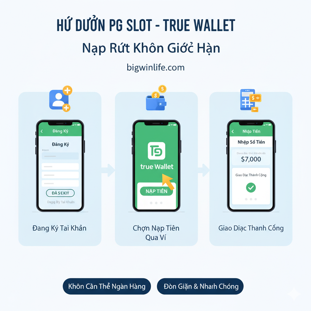 Hình ảnh hướng dẫn nạp tiền đơn giản, minh họa 3 bước cơ bản. Sử dụng bố cục infographic với 3 ô/icon lớn được đánh số (1, 2, 3) theo chiều ngang hoặc dọc. Icon 1: Hình người đang đăng nhập (biểu tượng khóa/người dùng). Icon 2: Hình ví tiền/thẻ ngân hàng (chọn phương thức giao dịch). Icon 3: Hình bàn phím nhập liệu với số tiền '1 Baht' hoặc 'No Limit' (nhập số tiền). Tổng thể có màu nền tươi sáng, sử dụng các icon rõ ràng, dễ hiểu, theo tông màu thân thiện, đảm bảo tính dễ làm theo của quy trình.