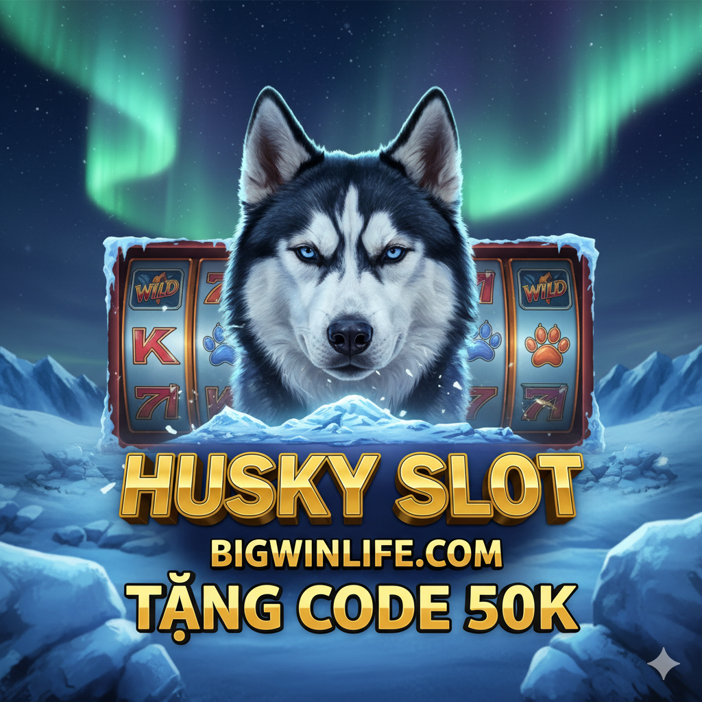 Ảnh bìa chủ đề game slot Husky. Cảnh quan là vùng Alaska băng giá với bầu trời đêm cực quang (Northern Lights) màu xanh tím huyền ảo. Một chú chó Husky dũng mãnh, mắt xanh, đang nheo mắt nhìn về phía trước với thái độ sẵn sàng. Phía sau là các cuộn quay (reels) Slot Game lấp lánh với các biểu tượng Wild (chó Husky) và Scatter (dấu chân). Logo game 'HUSKY SLOT' nổi bật ở trung tâm, kết hợp cùng cụm từ 'BIGWINLIFE.COM' và 'TẶNG CODE 50K' bằng font chữ vàng ánh kim 3D, tạo cảm giác sang trọng, kịch tính và thu hút người chơi.