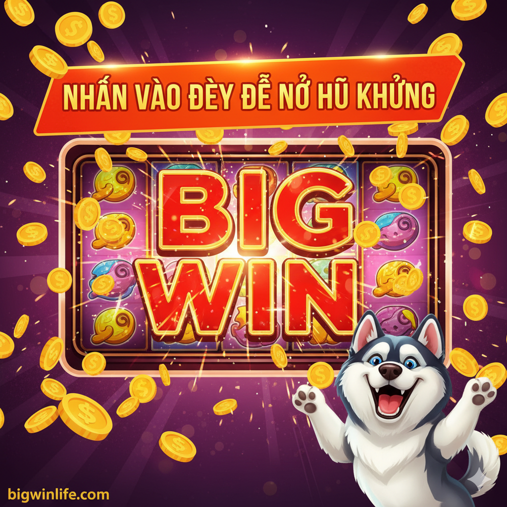 Hình ảnh kêu gọi hành động cuối cùng, tạo động lực cho người đọc. Hình ảnh là một màn hình Slot game phóng to đang hiển thị dòng chữ 'JACKPOT' hoặc 'BIG WIN' màu đỏ rực, xung quanh là những đồng xu vàng bay ra. Một chú chó Husky đang vui vẻ (mỉm cười) ở góc dưới. Phía trên có dòng chữ lớn 'NHẤN VÀO ĐÂY ĐỂ NỔ HŨ KHỦNG' bằng chữ in đậm, màu sắc nổi bật (đỏ/cam). Phong cách đồ họa sống động, rực rỡ, truyền tải sự phấn khích và cơ hội đổi đời, tạo điểm nhấn trước lời kết luận cuối cùng của bài viết.