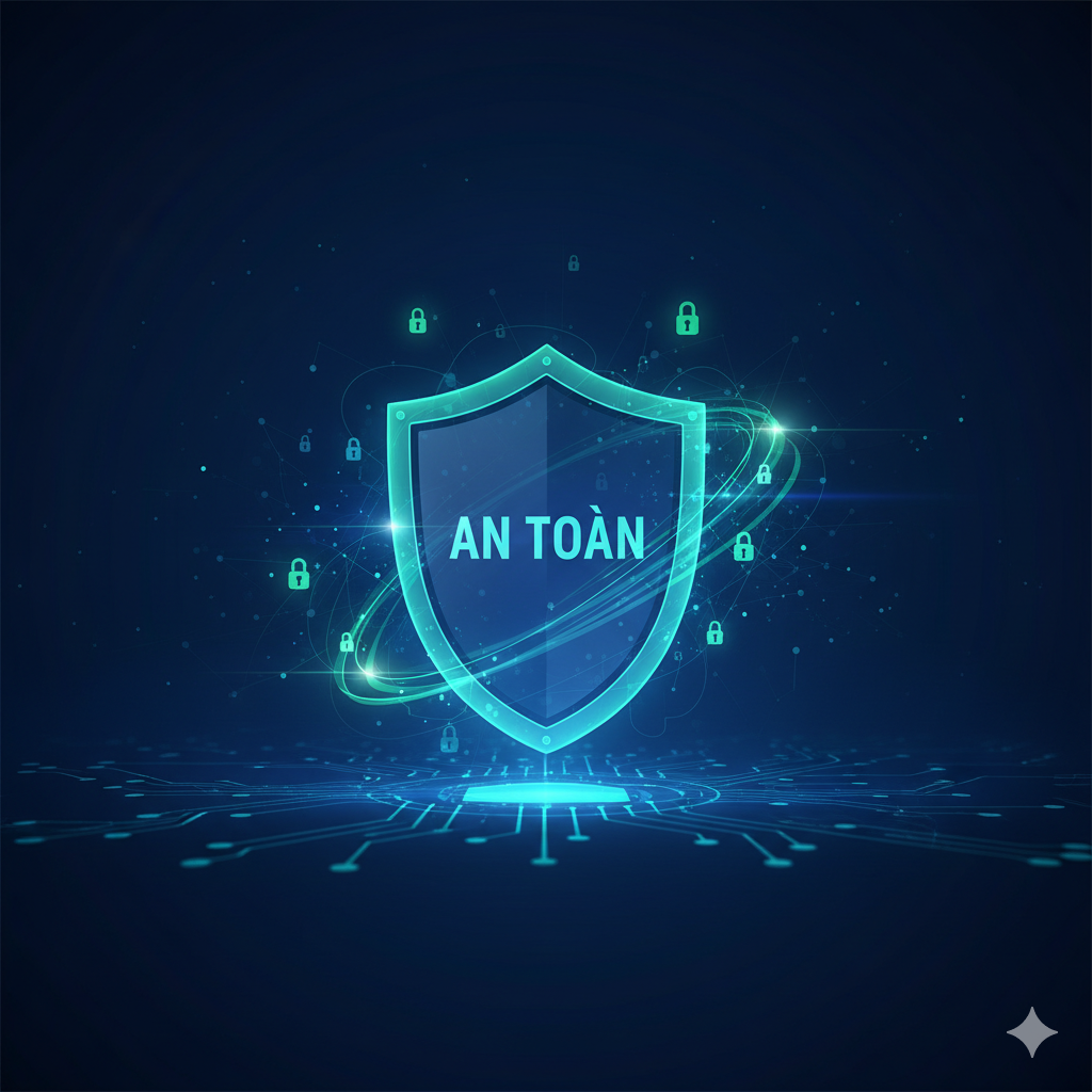 Một抽象的数字安全和保护概念图，主色调为深蓝色和亮绿色，代表科技与安全。画面中央是一个半透明的盾牌图标，内部有越南语的“An Toàn”（安全）字样，盾牌周围环绕着流动的光线和微小的锁定符号。构图简洁有力，聚焦于安全主题，避免任何直接的赌博元素，传达一种谨慎和保护的氛围。