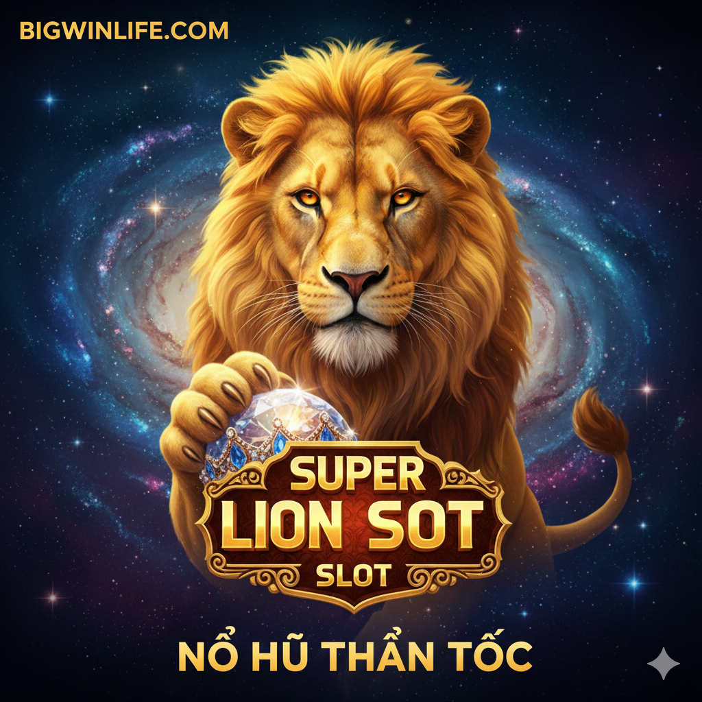 Ảnh bìa chính, nổi bật chủ đề 'Super Lion Slot'. Hình ảnh một chú sư tử hùng vĩ, móng vuốt chạm vào quả cầu kim cương hoặc vương miện, đặt trong bối cảnh vũ trụ/thiên hà màu xanh đậm, tím và vàng kim. Sư tử nên có bộ lông vàng rực, ánh mắt rực lửa. Logo game 'Super Lion Slot' cần được đặt rõ ràng ở trung tâm hoặc góc trên. Phong cách 3D, sang trọng, và tạo cảm giác giàu có (luxury/jackpot).