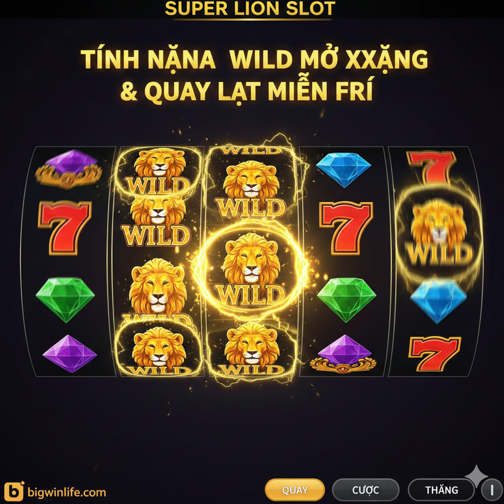 Minh họa tính năng Wild Respin. Thể hiện màn hình game 5x3 cuộn quay với cuộn 3 (hoặc 2 và 4) được lấp đầy bởi biểu tượng Sư Tử (Wild) mở rộng và khóa lại. Các cuộn Wild này rực sáng màu vàng kim, xung quanh là hiệu ứng ánh sáng như tia sét hoặc vòng năng lượng. Mục đích là làm nổi bật cơ chế 'Expanding Wild' và 'Respin', với phông nền game tối màu tạo sự kịch tính và tập trung vào các cuộn Wild.