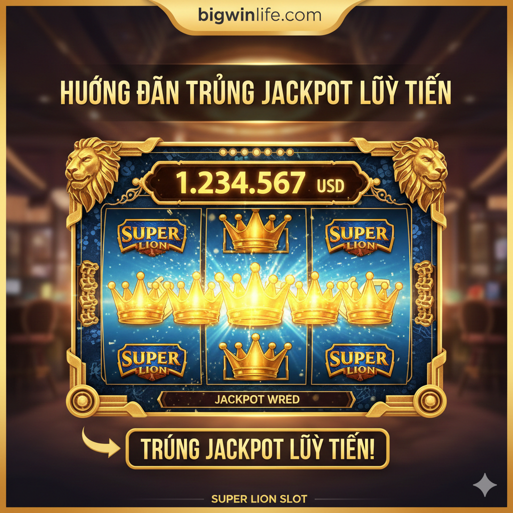 Hình ảnh hướng dẫn trúng Jackpot Lũy Tiến. Tập trung vào màn hình 5x3 cuộn quay, nhưng nổi bật 5 biểu tượng Vương Miện Vàng (Jackpot) xếp thẳng hàng trên một Payline. Phía trên màn hình là một đồng hồ hiển thị số tiền Jackpot khổng lồ (ví dụ: $1,234,567), với hiệu ứng ánh sáng chói lóa đổ xuống các biểu tượng Vương Miện. Phong cách trực quan, dễ hiểu, nhấn mạnh mục tiêu cao nhất của trò chơi.