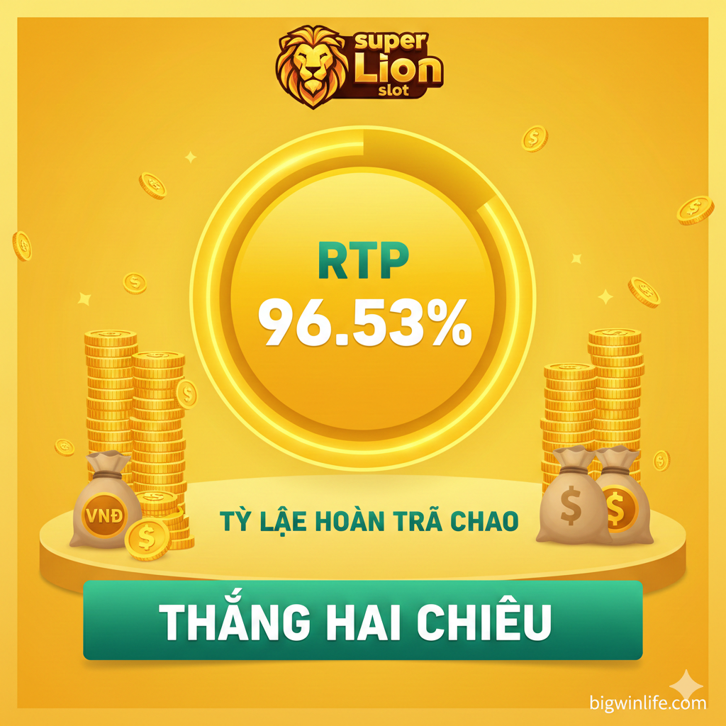 Thể hiện lợi thế cạnh tranh về RTP cao. Hình ảnh sử dụng tông màu xanh lá cây hoặc vàng tươi (màu tiền/thắng) với biểu đồ hình tròn hoặc một bảng số liệu lớn, nổi bật con số 'RTP 96.53%'. Có thể lồng ghép các biểu tượng tiền tệ (VNĐ, USD) hoặc túi tiền ở góc, và một dòng chữ nhỏ 'Win Both Ways' hoặc 'Tỷ lệ hoàn trả cao' bên dưới. Phong cách chuyên nghiệp, dùng các yếu tố tài chính để tăng độ tin cậy.