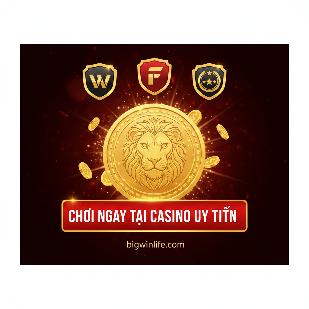 Hình ảnh tổng kết và kêu gọi hành động. Thiết kế bao gồm 3-4 logo giả định (hoặc đại diện) của các casino uy tín (như W88, Fun88) đặt trong các huy hiệu vàng. Trung tâm là hình ảnh đồng xu vàng có hình sư tử, và một nút lớn (hoặc banner) ghi 'Chơi Ngay tại Casino Uy Tín' hoặc 'Nhận Thưởng Chào Mừng'. Tổng thể phải tạo cảm giác tin cậy, an toàn và dễ dàng tiếp cận. Màu sắc: đỏ, vàng, đen sang trọng.