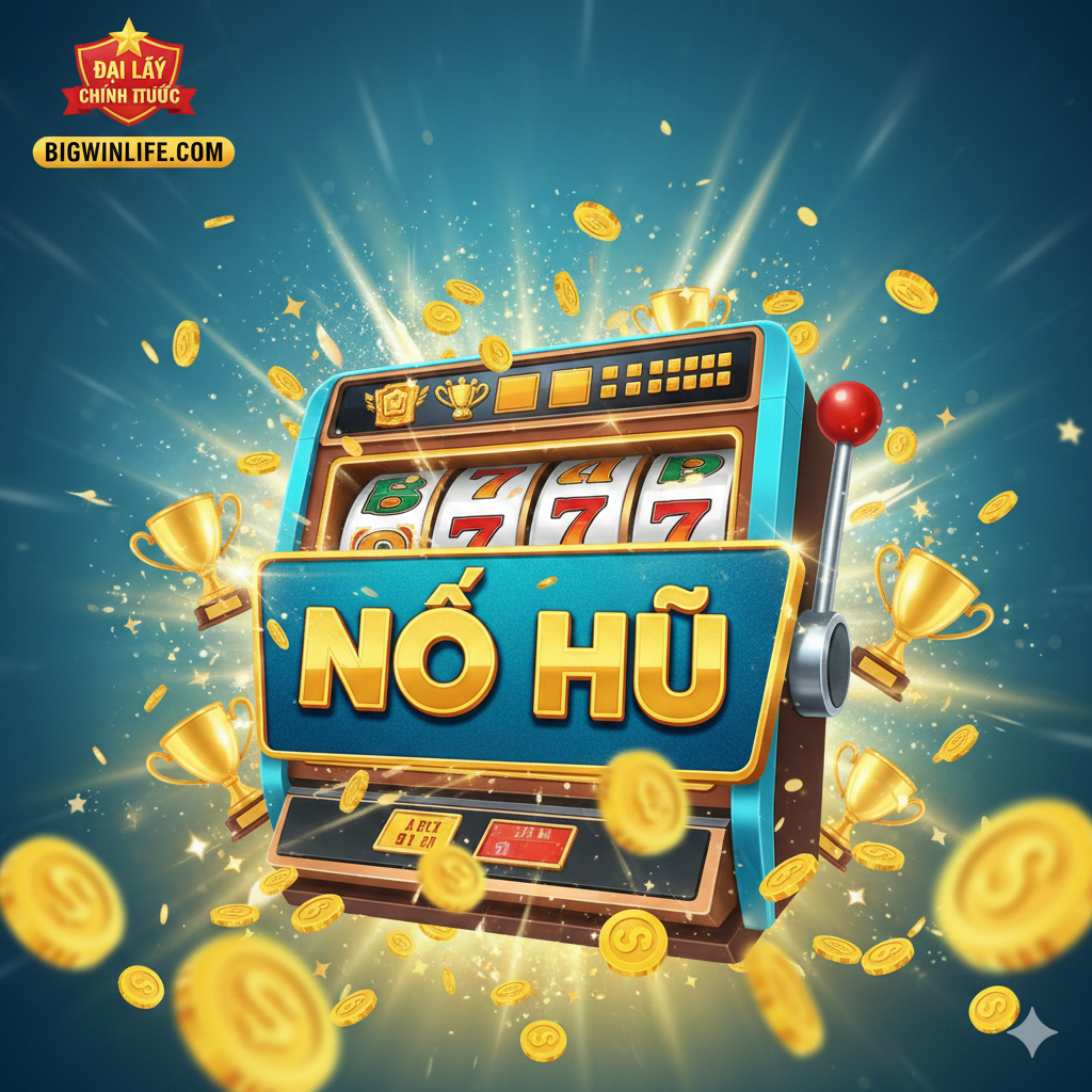一张吸引眼球的越南风格老虎机游戏封面图。主题色应为蓝色（代表Skyblueplus）和金色/红色（代表Bigwinlife và财富）。画面中心是一个巨大的、旋转中的Skyblueplus Slot图标或一个带有“JACKPOT”字样的老虎机滚轮特写，周围环绕着金币、奖杯和爆炸性的胜利特效。右下角或左上角醒目地放置Bigwinlife.com的品牌标志或文字“Đại Lý Chính Thức” (官方代理)，以建立信任感。背景虚化处理，聚焦于老虎机和胜利元素，整体视觉效果要充满活力和刺激感。