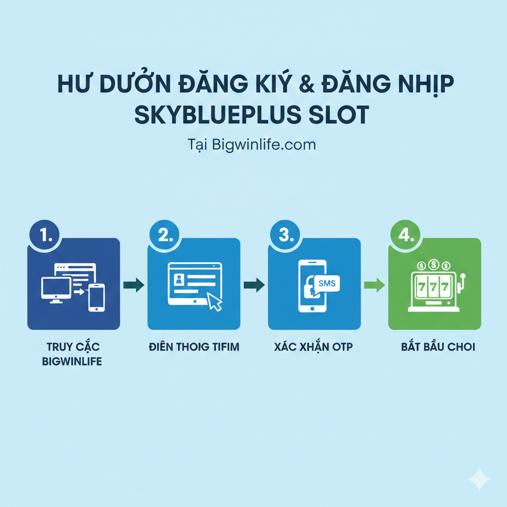 一张简洁明了的Skyblueplus Slot注册与登录流程教程图。使用三步或四步的流程图设计，每一步用数字或小图标表示。例如：1. Truy Cập Bigwinlife (一个电脑/手机图标指向网站)；2. Điền Thông Tin (一个带有表单的屏幕)；3. Xác Nhận OTP (一个手机和锁的图标)；4. Bắt Đầu Chơi (一个老虎机图标)。背景色使用浅色调，流程图元素采用鲜明的颜色（如蓝色和绿色）以突出步骤，确保用户可以快速理解如何通过Bigwinlife完成注册 và Đăng Nhập。