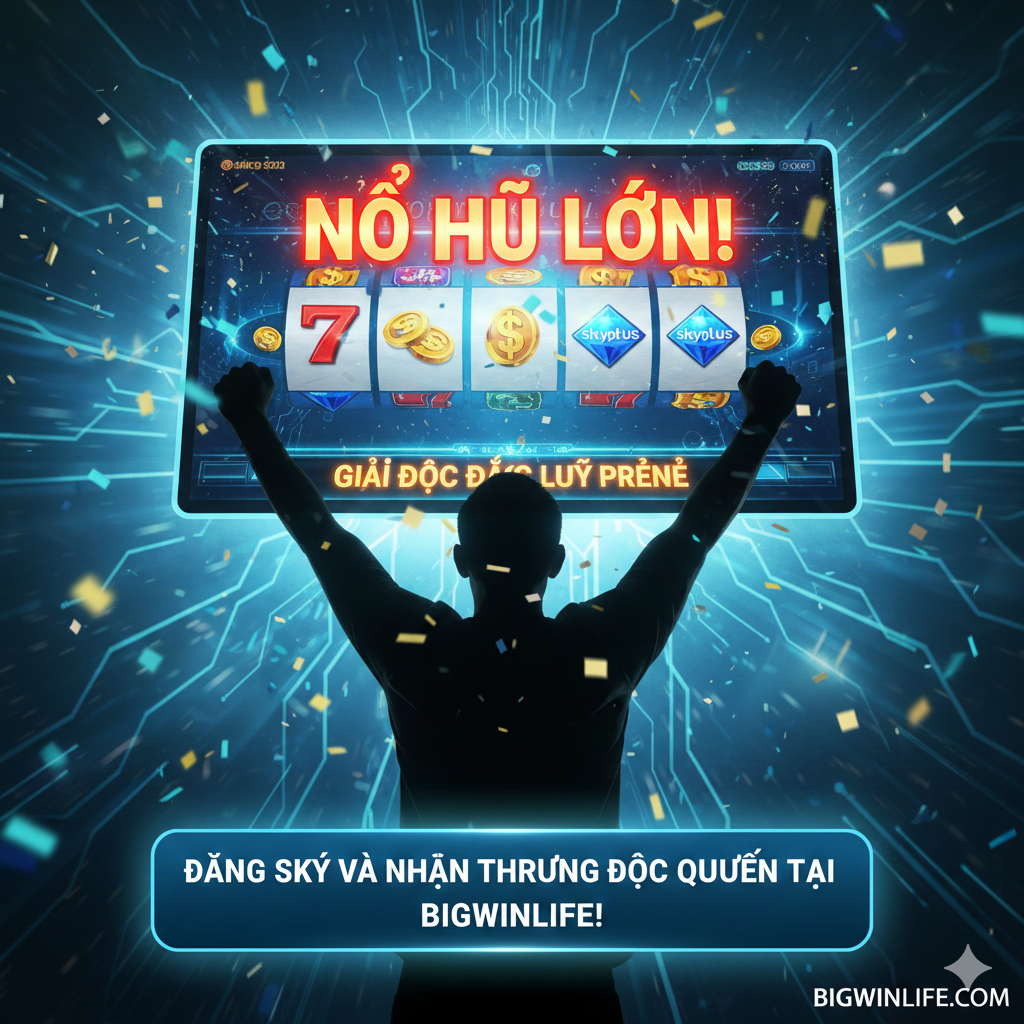 Hình ảnh nhấn mạnh thông tin về khuyến mãi và ưu đãi độc quyền. 화면中心是一个巨大的100% Thưởng Chào Mừng hoặc “Hoàn Trả Cao Nhất”的奖章或横幅，周围用星光或爆炸效果吸引注意力。旁边是Bigwinlife的盾牌或标志，象征Ưu Đãi Độc Quyền và可靠性。下方可以有“Link Chính Thức”, “Hỗ Trợ 24/7”等文字标签，使用金色 và红色等象征奖励 và nhiệt tình的颜色，强调高额回馈 và优质 dịch vụ。