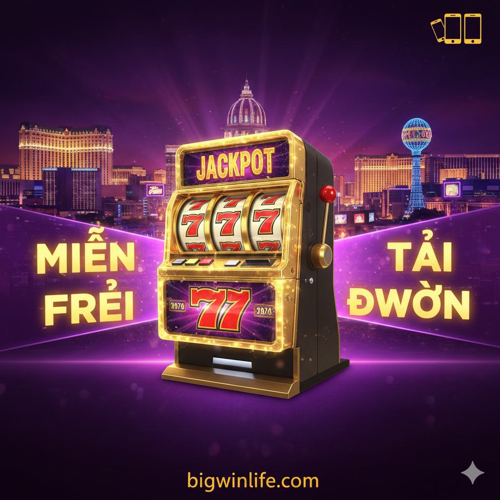 Một bức ảnh có chủ đề là 'download free casino slot machine games'. Ảnh bao gồm một máy đánh bạc lớn, lấp lánh màu vàng với màn hình hiển thị 'JACKPOT' và ba số bảy (777). Bối cảnh là một sòng bạc Las Vegas sang trọng với đèn neon. Có các biểu tượng nhỏ của điện thoại và máy tính bảng, nhấn mạnh khả năng chơi trên thiết bị di động.