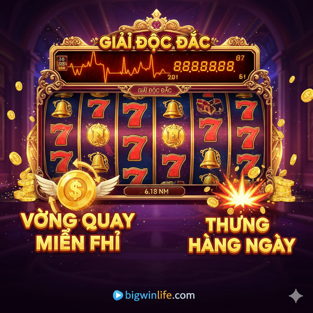 Hình ảnh nổi bật các tính năng quan trọng của game slot miễn phí, đặc biệt là 'Jackpot' và 'Free Spins'. Một màn hình trò chơi video slot lộng lẫy được hiển thị, với một số tiền thưởng lớn đang nhảy số ở trên. Bên cạnh đó là các biểu tượng hoạt hình của 'FREE SPINS' và 'DAILY BONUS'.