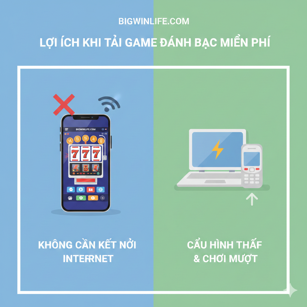Hình ảnh làm nổi bật lợi thế của game slot miễn phí, đặc biệt là 'Không Cần Kết Nối Internet' và 'Cấu Hình Thấp'. Ảnh chia làm hai phần: bên trái là điện thoại đang chơi game slot ở chế độ máy bay, bên phải là máy tính/điện thoại cũ hơn nhưng game vẫn chạy nhanh.