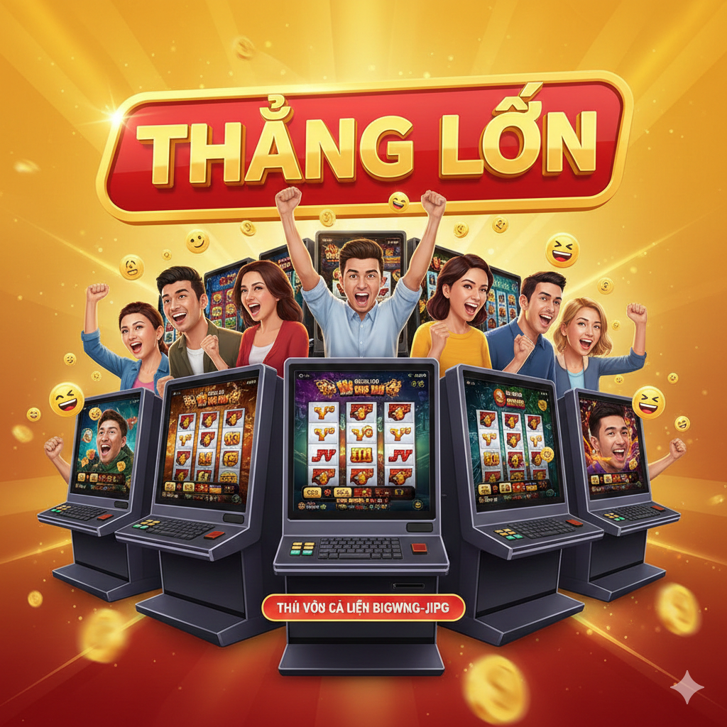 Hình ảnh tổng hợp, nhấn mạnh sự hứng thú của việc 'Big Win' và cộng đồng game thủ. Hình ảnh có nhiều màn hình điện thoại/PC chơi game slot, người chơi đang ăn mừng (có bong bóng thoại vui vẻ). Nổi bật dòng chữ 'BIG WIN' với tông màu vàng và đỏ ấm áp.