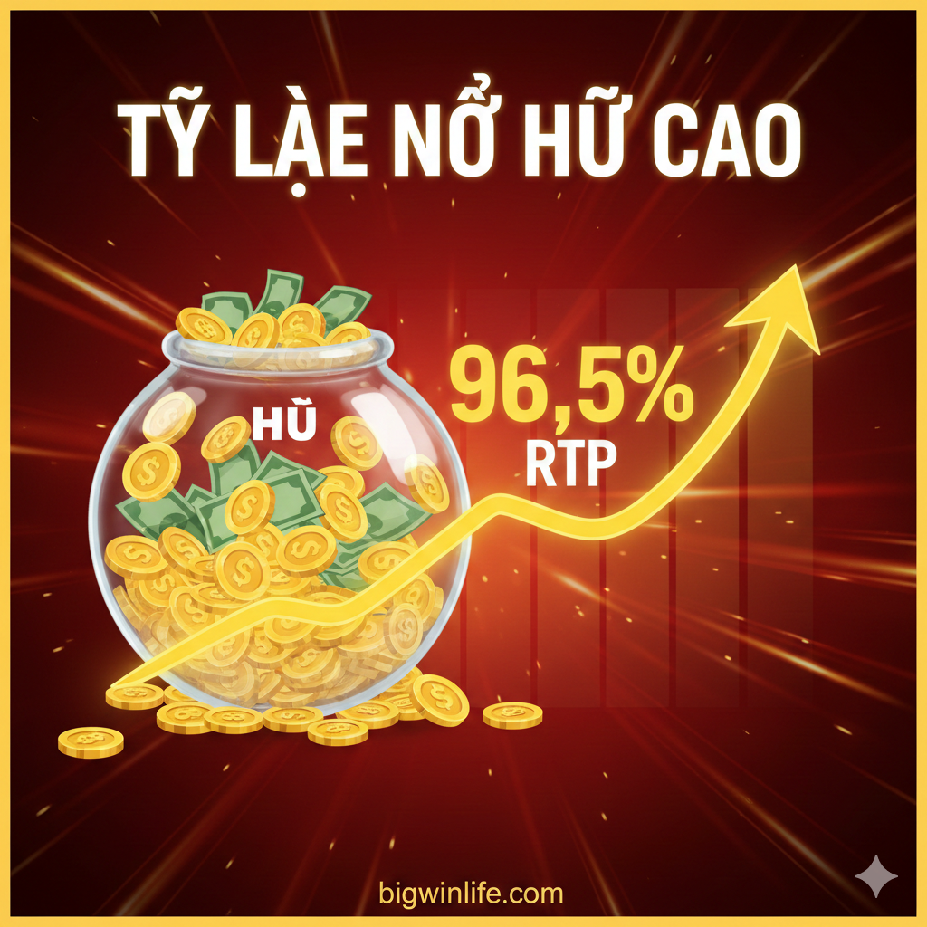 此图用于说明'高RTP' và 'Nổ Hũ'（爆奖）的特性。画面中心展示一个透明的玻璃'Hũ'（奖金罐），里面装满了闪闪发光的金币和钞票。一个巨大的、向上增长的百分比图表（RTP曲线）位于奖金罐旁边，指向一个高数值（例如 96.5%）。背景是Slot游戏的抽象光效，强调快速和高频的爆奖体验。整体色调为红色 và 金色， truyền đạt激动 và丰厚回报的感觉。图片应突出'Tỷ Lệ Nổ Hũ Cao'（高爆奖率）这一关键信息。