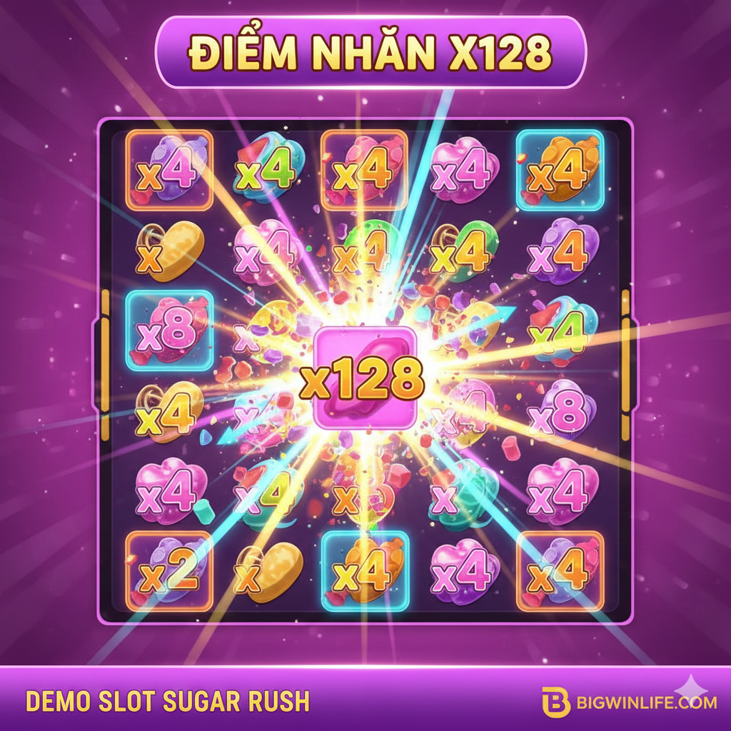 Tính năng Multiplier Spots (Hệ số Nhân vị trí) của Sugar Rush. Hình ảnh lưới 7x7 với các ô đã được đánh dấu nhân (x2, x4, x8) và số nhân cao nhất lên đến x128, thể hiện cơ chế tích lũy nhân của trò chơi.
