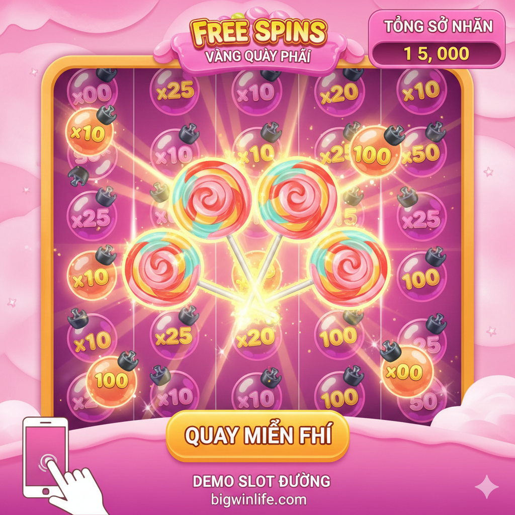 Hướng dẫn chơi Sweet Bonanza Free Spins. Hình ảnh trung tâm là các biểu tượng kẹo nổ (Multiplier Bomb) với các giá trị khác nhau (x10, x25, x50) trong chế độ vòng quay miễn phí, nhấn mạnh cơ chế cộng dồn hệ số nhân.
