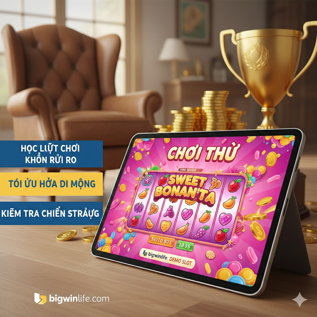 Ưu điểm của việc chơi demo slot sugar trên bigwinlife.com qua điện thoại hoặc máy tính bảng. Văn bản tiếng Việt nêu rõ các lợi ích như Học Luật Chơi Không Rủi Ro, Tối Ưu Hóa Di Động và Kiểm Tra Chiến Lược