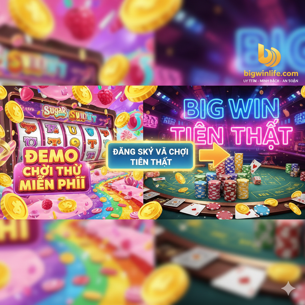 Hình ảnh chuyển tiếp từ chơi demo sang chơi tiền thật. Hình ảnh kết hợp các yếu tố kẹo ngọt, tiền vàng và một nút CTA lớn màu đỏ với dòng chữ “ĐĂNG KÝ VÀ CHƠI TIỀN THẬT” hoặc “NHẬN THƯỞNG 100% BONUS”, thể hiện sự tin cậy và lời mời gọi đăng ký của bigwinlife.com.